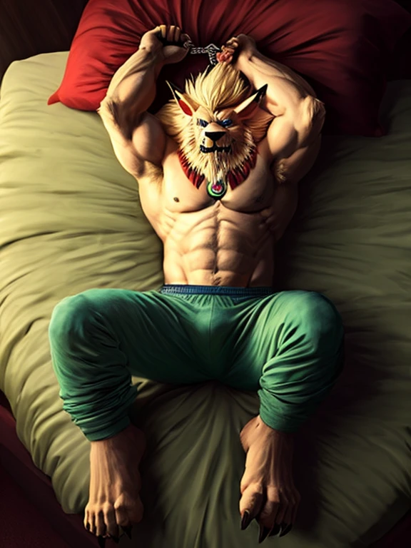 Barefoot hypnotised Leomon is lying on a bed with his arms and legs spread, wearing red pyjamas, handcuffed to the bed by his wrists and ankles, detailed nice big paws with bandages and claws and toe ring, in a trance, a look of weak resistance to hypnosis on his face, drooling, green glow in his eyes.