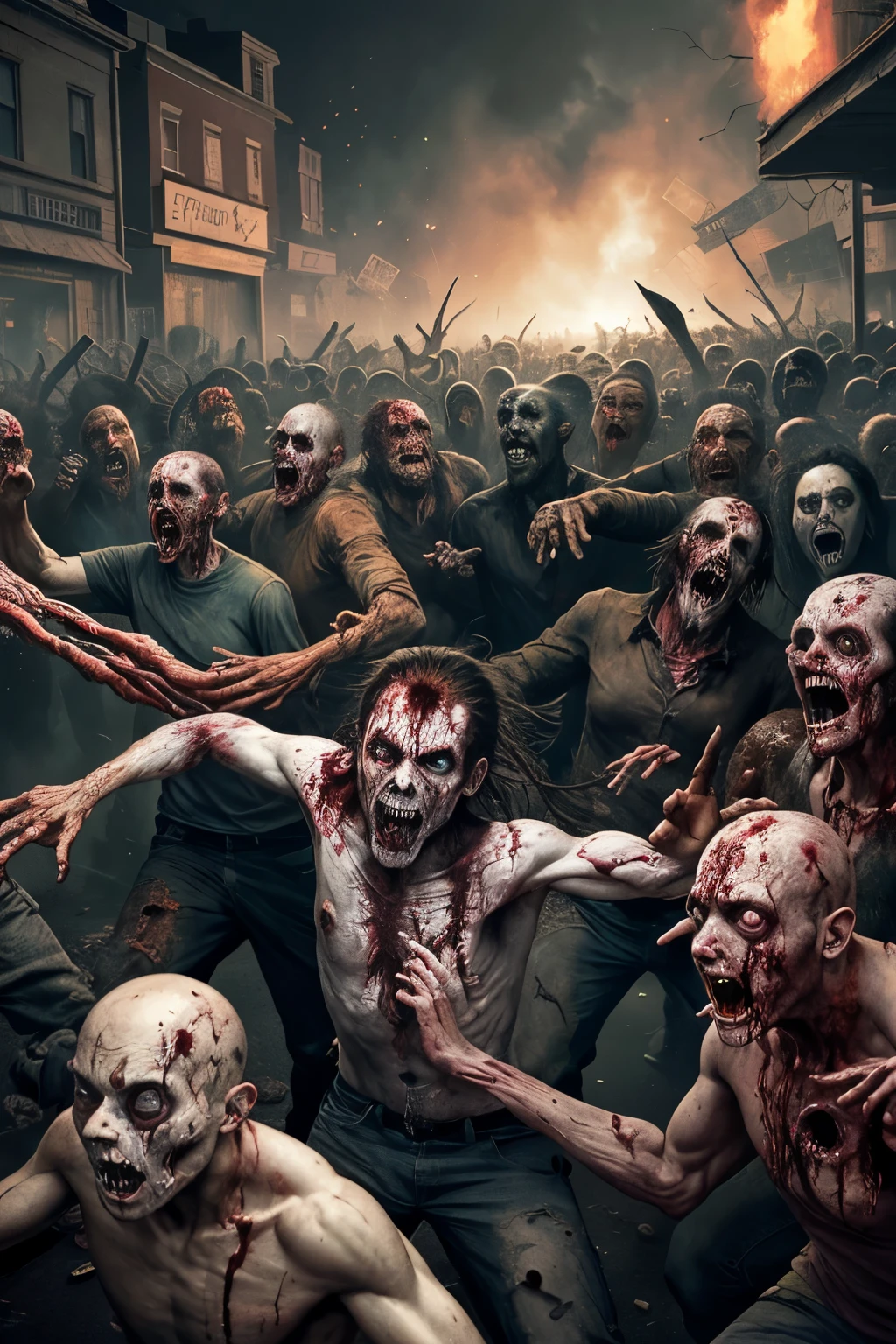 A vibrant, chaotic canvas depicting the movement and energy of a zombie horde, their limbs and groans forming a symphony of decay.