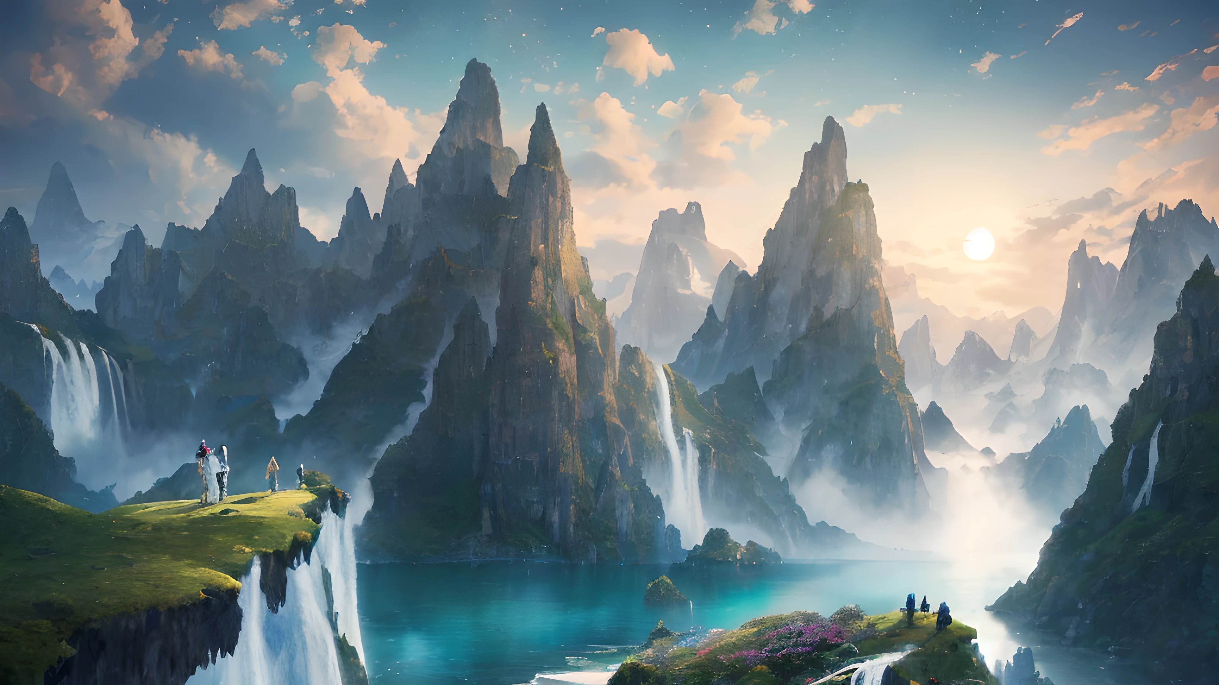 masterpiece, best quality, high quality, Very detailed CG unity 8k wallpaper, landscape, outdoor, sky空, cloud, sky, no humans, Mountain, landscape, water, Tree, blue sky空, waterfall, cliff, nature, lake, river, cloudy sky空, Bokeh, depth of field, high dynamic range, bloom, Color difference ,lifelike,Very detailed, Popular topics on ArtStation, Trending on CGSociety, complex, high detail, moon, midway art