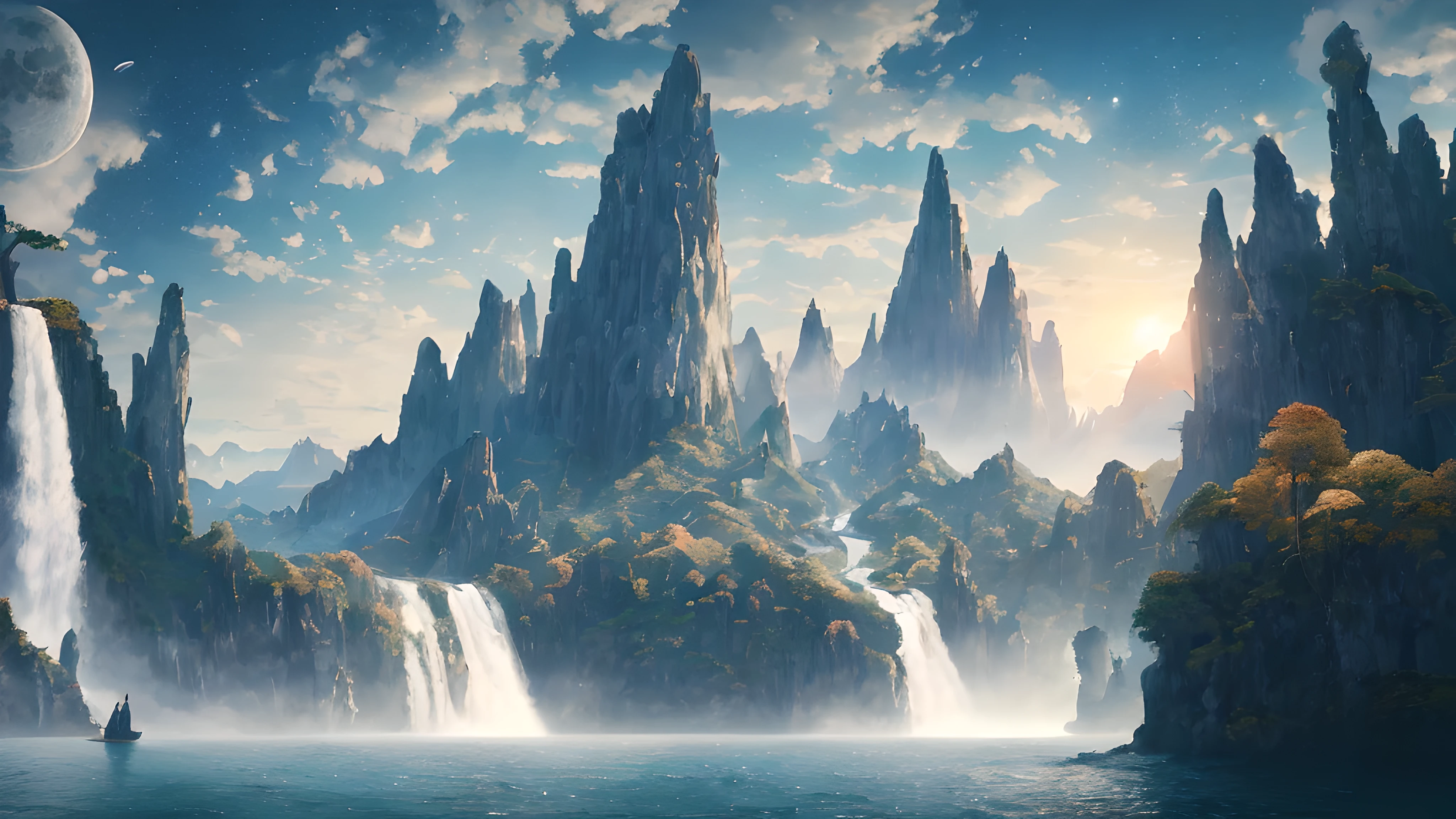 masterpiece, best quality, high quality, Very detailed CG unity 8k wallpaper, landscape, outdoor, sky空, cloud, sky, no humans, Mountain, landscape, water, Tree, blue sky空, waterfall, cliff, nature, lake, river, cloudy sky空, Bokeh, depth of field, high dynamic range, bloom, Color difference ,lifelike,Very detailed, Popular topics on ArtStation, Trending on CGSociety, complex, high detail, moon, midway art