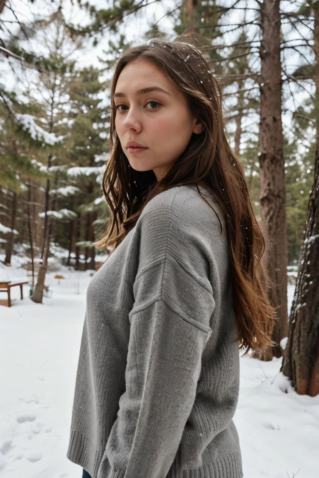 there is a woman in a grey sweater, portrait sophie mudd, , thick neck, 24 year old female model, angelawhite, Elizabeth Olsen, 22 years old, she is wearing a grey sweater, 21 years old, profile image, italian, Alycia Debnam-Carey, looking straight ahead,hazel eyes, realistic, post-processing, maximum detail, outside, snow on the ground, pine trees in the background