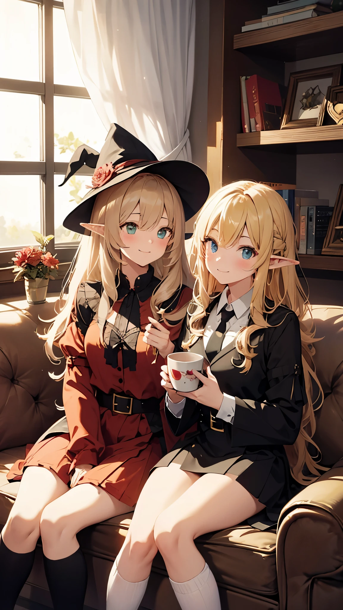 two elf witch girls sitting on a sofa drinking tea talking to one another and smiling, 2girls, multiple girls,red dress, smile, green eyes, sitting,black dress,tie, blonde hair, cup, looking at viewer, blonde long hair,shirt, skirt, window, kneehighs, basket,flower, blush,shirt,