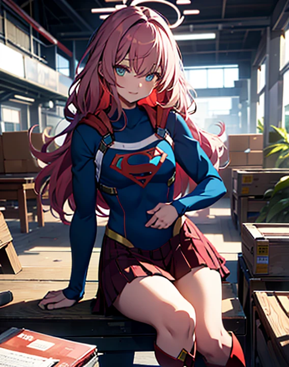 ((highest quality, masterpiece, disorganized) ,supergirl,Beッドで仰向けに寝ている,Crab crotch,please show me your boots , ,long hair, hair with volume, hair loss, expressive eyes,Blue Bodysuit,red skirt,red heel boots,view of other buildings ,defeat,Be