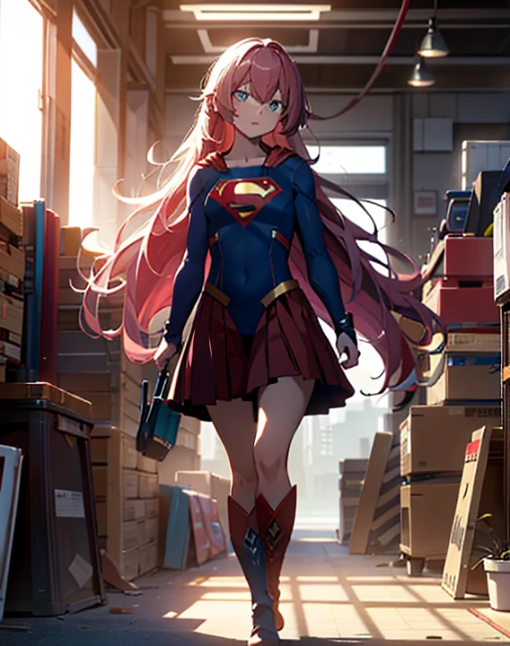 (full body), (masterpiece:1.2), (Highest_quality:1.2), (Ultra_detailed:1.3), 8K, Low - Angle，From below， 1 Girl，alone，大きなButtの女の子, red knee high long boots，wearing spcc costume with cape，( Supergirl), Blue leotard，Red mini skirt，Red Cape，gloves，hoshino-ponytail,hoshino \(blue archive\), heterochromia,medium hair,ponytail,pink hair,ahoge,Halation,(Browsing Caution,Heart-shaped pupils,Masturbation，Masturbation，Man muscle，Groin, Butt,Sweat,，Climax，To convulsions，Wear a green collar，wrists tied with chains)，