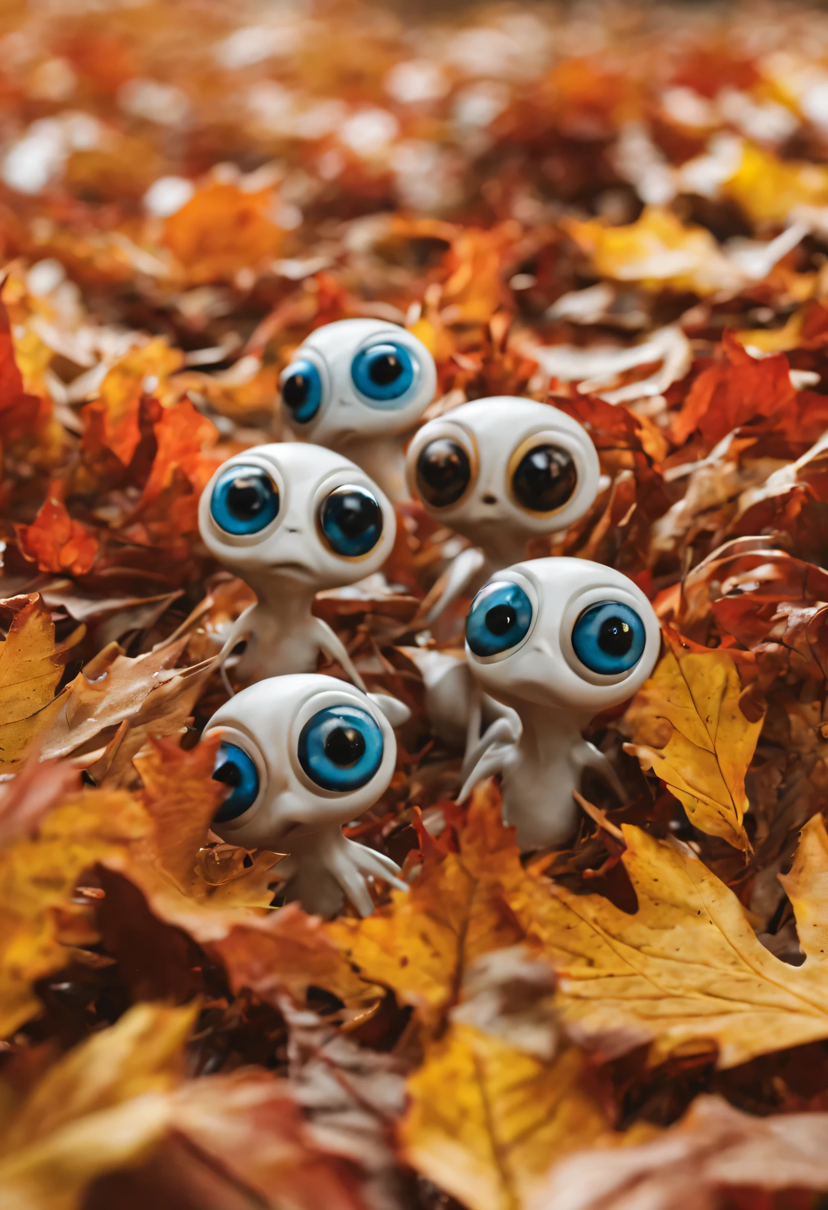 tiny aliens with huge eyes romp and play in falling autumn leaves