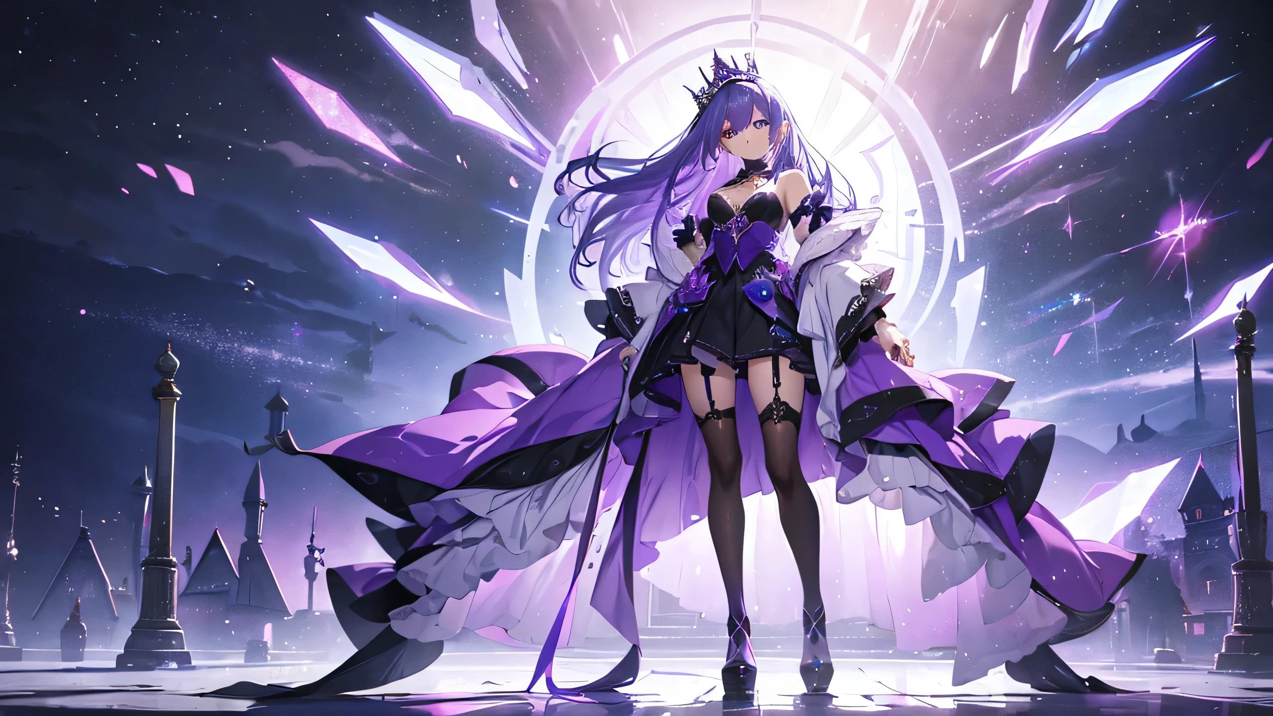 1 girl FULL BODY, purple with blue shade hair, purple bright ayes with a sparkles, long hair, formal clothes with nautral colour grey, with a crown, with a bangs, at the village, with detail shade and full body, stand in the middle of a village