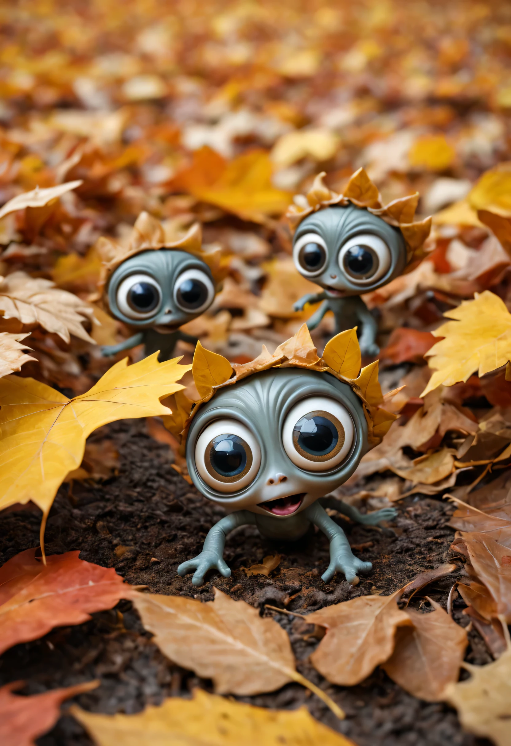 tiny aliens with huge eyes romp and play in falling autumn leaves