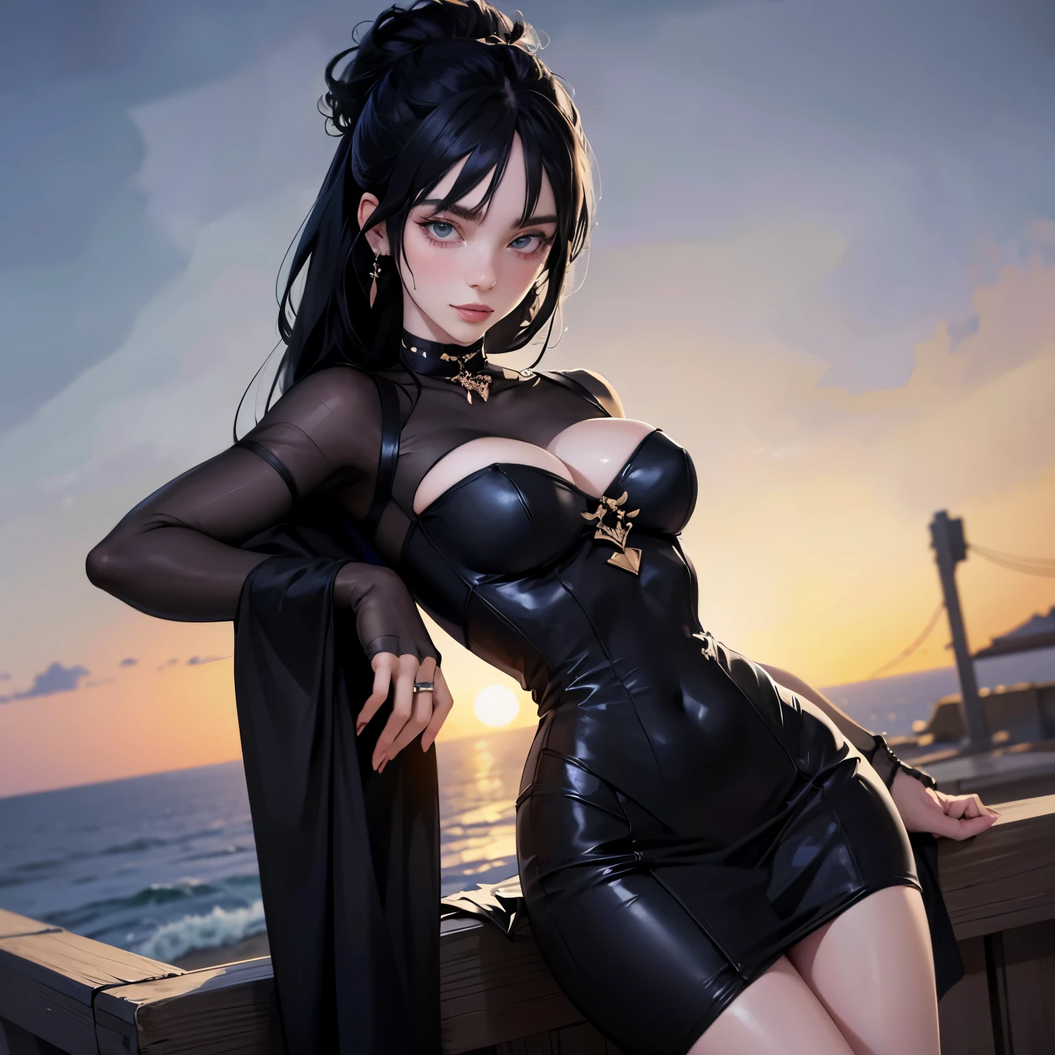 (((top quality, 8k, masterpiece))), crisp focus, (beautiful woman with perfect figure), slender, (hairstyle: simple, down), ((black sexy dress)), street: 1.2 Highly detailed face and skin texture Detailed eyes Double eyelids, suggestive posture, (smile), super cute, super beauty, realistic face, double eyelid, smile, at night, half body.