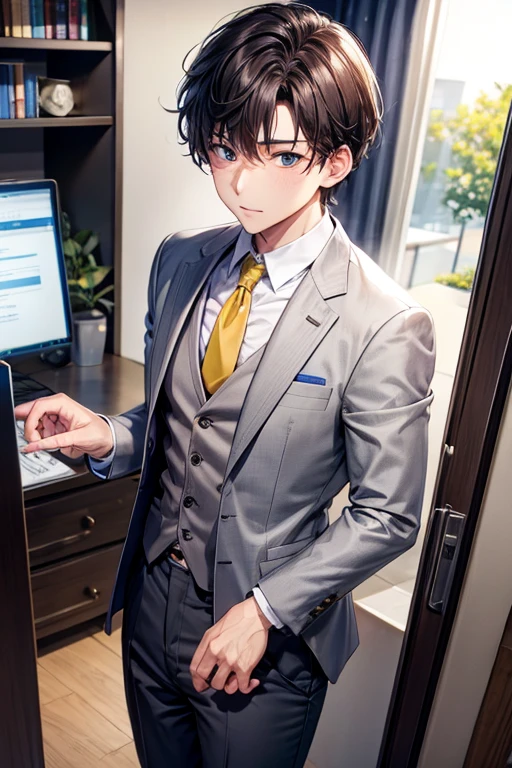 office、PC job、Handsome guy、with short brown hair,Cold day、navy three-piece suit、gray shirt、long sleeve、yellow tie、High resolution、In 8K、sharp focus、zoom、in the best quality