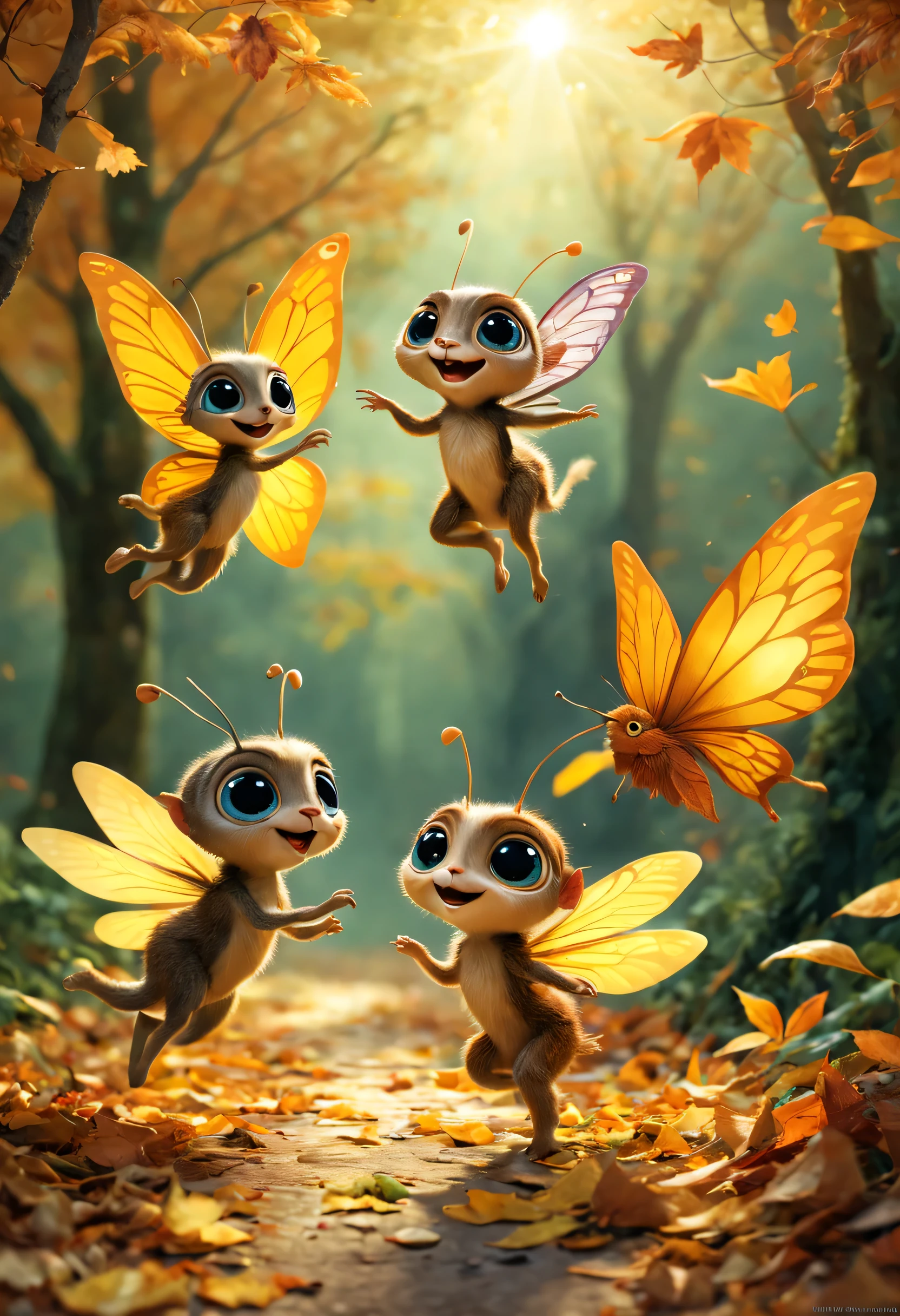 (best quality,4k,8k,highres,masterpiece:1.2),ultra-detailed,(realistic,photorealistic,photo-realistic:1.37),tiny aliens with huge eyes romping and playing,autumn,falling leaves,joyful laughter,whimsical personalities,flickering sunlight,fairy tale-like,lively atmosphere,playful gestures,colorful costumes,leaf piles,enchanted forest,vibrant colors,imaginative sparks,carefree mischief,dreamy ambiance,soft shadows,golden hues,crispy air,warmth of the sun,delicate movements,overflowing creativity,curious expressions,caretaking fairies,axis of imagination,butterflies dancing,delightful scenes,mystical adventures,magical discovery,unexpected encounters,harmonious integration,nature's wonderland,melodious whispers,gravity-defying acrobatics,dancing in the wind,leaves swirling around,tiny footprints of joy.