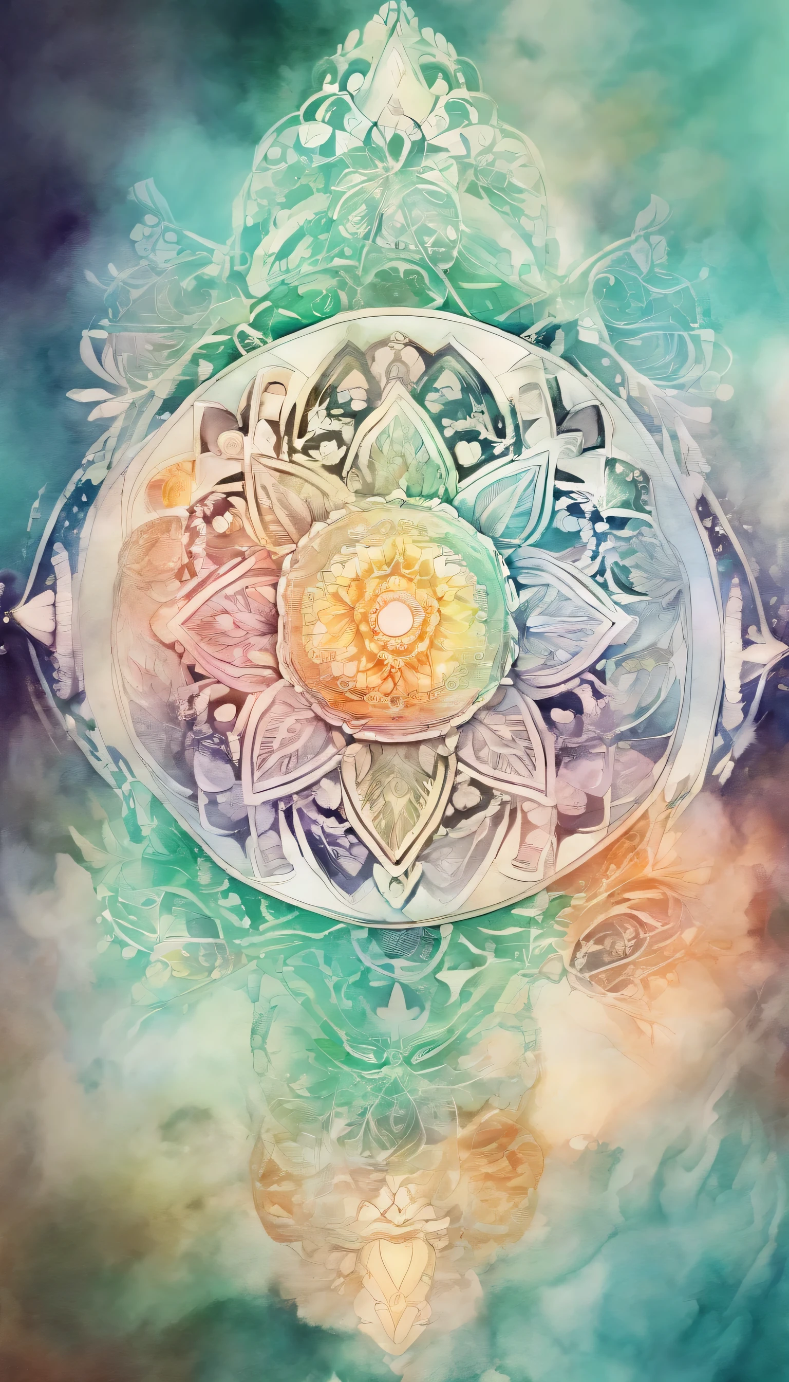 Mandala depicting the seven chakras, Featuring corresponding colors and symbols, his lower form, watercolor, out of focus, blurry, I don't know much about it, Impressionism, abstract,very light mint color