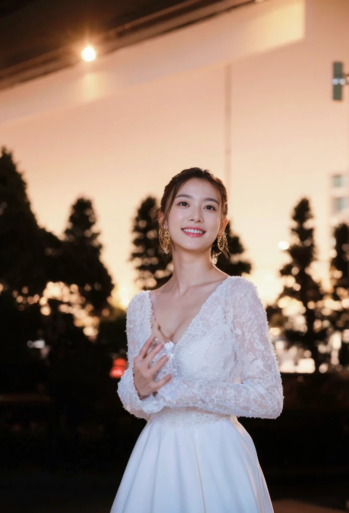 (on the table, best quality, realistically, Super detailed, meticulous, high resolution, 8k wallpaper), Close-up portrait of a beautiful woman, Chariada, smiling, light brown messy hair, Perfect dynamic composition, 美丽meticulous的眼睛, Just like the cover of a fashion magazine, On campus