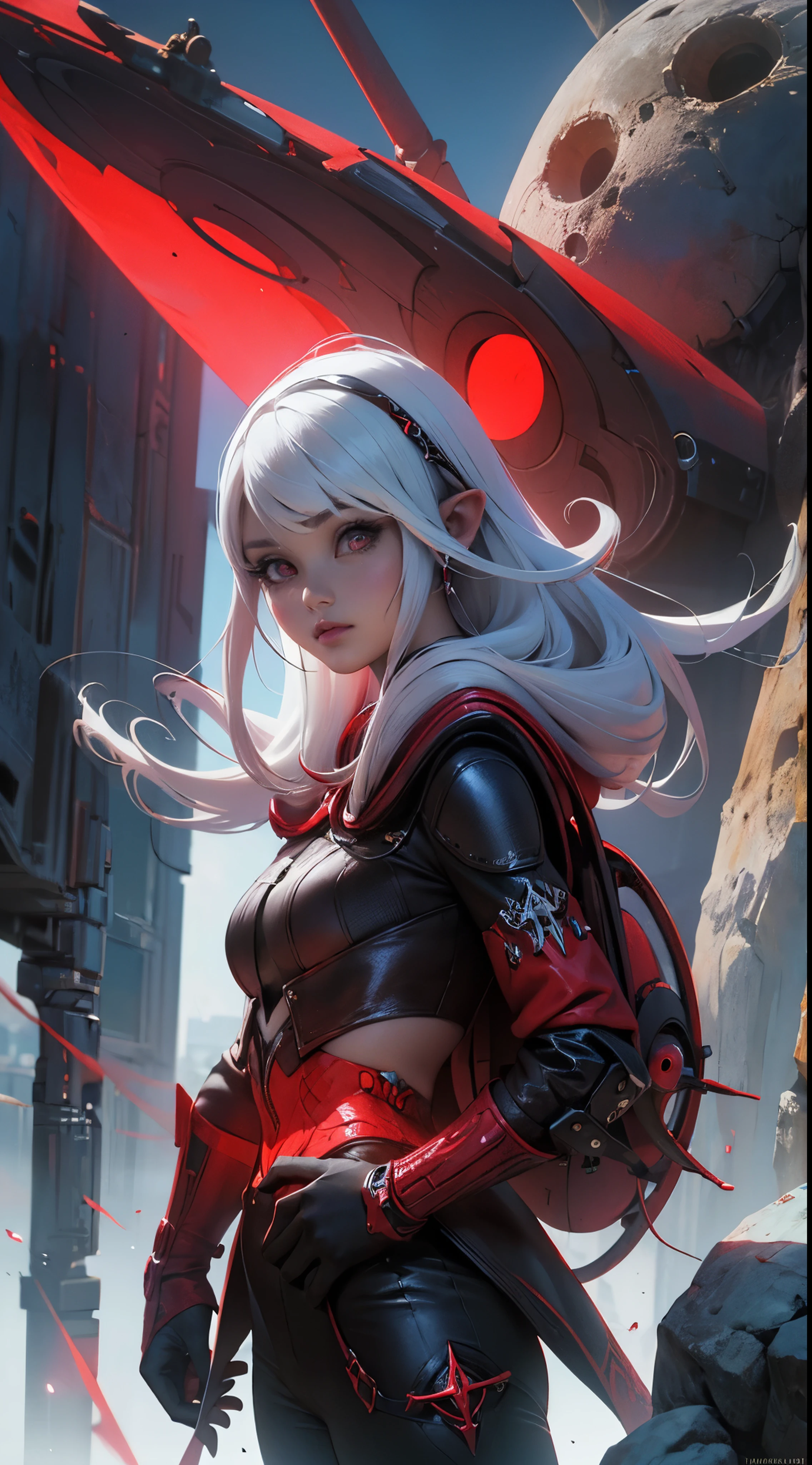 (La mejor calidad,A high resolution,Ultra - detallado,actual) ,primer plano Ariana Grande con pantalon de cuero rojo, top rojo, cabello largo white canoso, (alien invasion background extraterrestrial ships:1.4), (hermosos ojos azuleondo piedras grandes negro:1.4) , (pose vaquero ), (realistic) ,Arte detallado de alta calidad 8K, Fanart Mejor ArtStation, Fantasy art style , (ciborg white red:1.4), (ciudad apocalyptic colors ciberpunk:1.4),cyberpunked white,