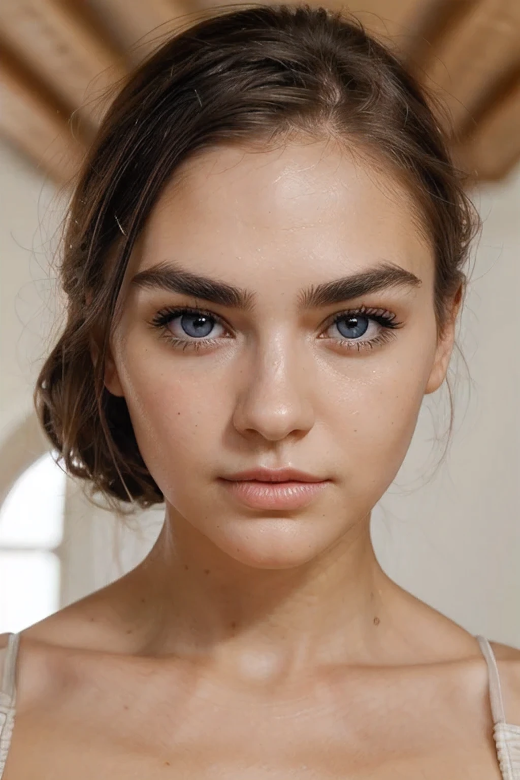 a close up of a woman facing the camera, close-up perfect face, large bushy eyebrows, perfect face and eyes, glossy eyes, beautiful fine face features, brown hair , beautiful blue eyes, perfect facial features, groomed eyebrows, relaxed eyebrows, thick eyebrows, perfect symmetrical eyes, perfect face model, small eyebrows, detailed and perfect face