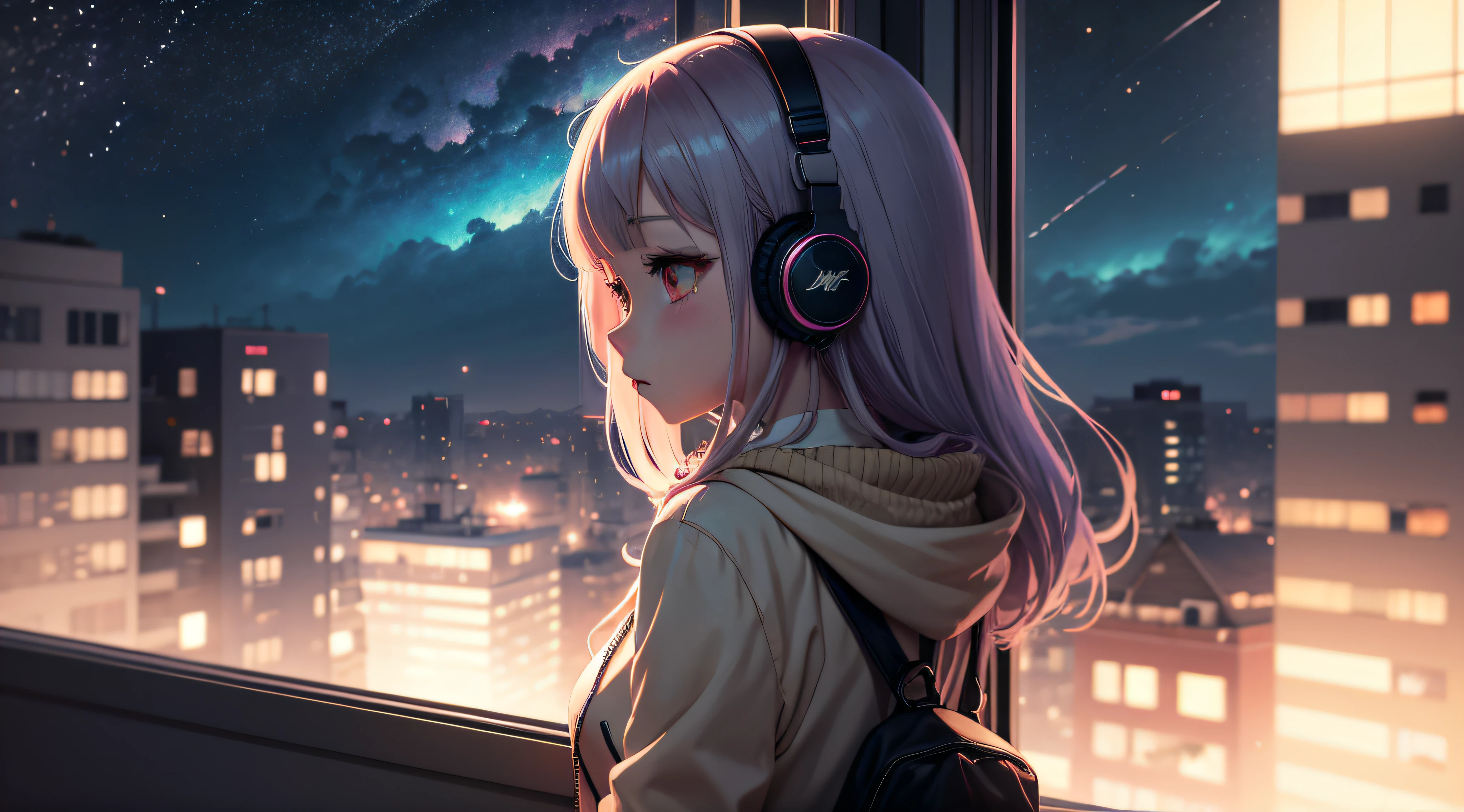 Anime girl with headphones looking out window of city at night,Stars twinkle outside the window,Smoke is coming from the chimney of the building outside the window,lofi-girl, anime vibes, lofi artstyle, anime style 4 k, anime aesthetic, nightcore, lofi feel, lofi art, anime art wallpaper 4k, anime art wallpaper 4k, anime wallpaper 4 k, anime wallpaper 4k, lofi vibes