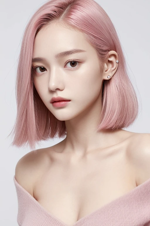 1 woman , beautiful woman,bob hair , 16 years old , ears are visible , sharp chin , big eyes , slender high nose , Fair skin , Hair color is pink , delicate body shape , displeased look , wide forehead , One person , thin eyebrows ,
