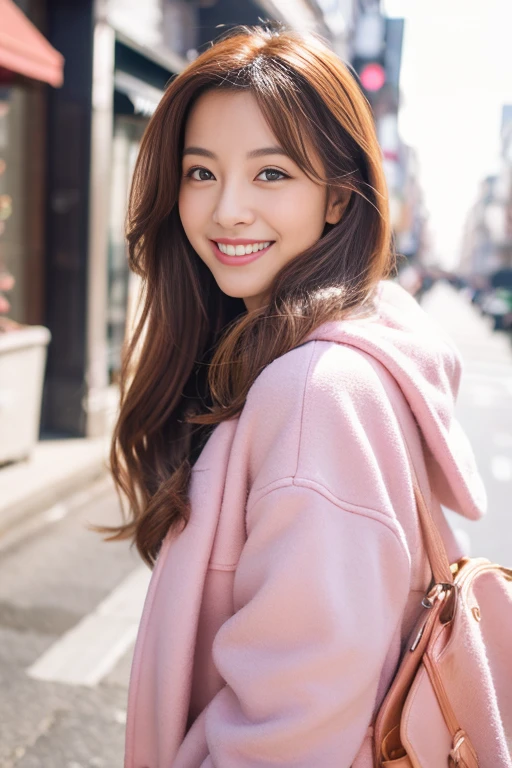 cute beauty、Beautiful woman with light makeup and a lovely smile、The season is winter、Sunny weather with no snow、For clothes, I wear a pink down jacket to protect myself from the cold.、Snapshots of ordinary streets、bright colored tight miniskirt、double eyes、I'm wearing mascara、Cute face and style like a model、Hair style is medium-long sauvage、8k images、masterpiece、Super high quality、Super clear image、hair is orange、Cheerful and cute like a model、Super beautiful beauty、