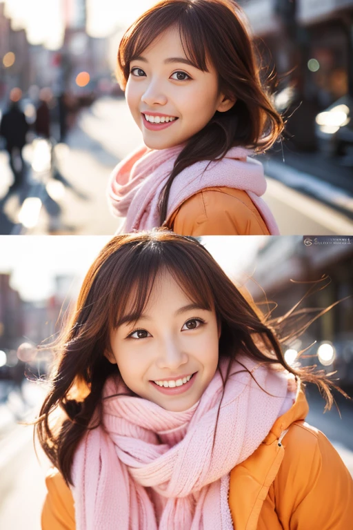 cute beauty、Beautiful woman with light makeup and a lovely smile、The season is winter、Sunny weather with no snow、For clothes, I wear a pink down jacket to protect myself from the cold.、Snapshots of ordinary streets、bright colored tight miniskirt、double eyes、I'm wearing mascara、Cute face and style like a model、Hair style is medium-long sauvage、8k images、masterpiece、Super high quality、Super clear image、hair is orange、Cheerful and cute like a model、Super beautiful beauty、