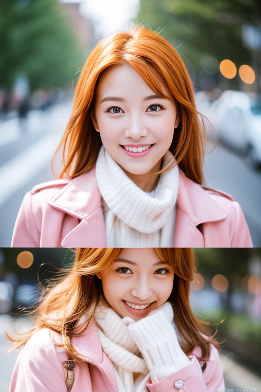 cute beauty、Beautiful woman with light makeup and a lovely smile、The season is winter、Sunny weather with no snow、For clothes, I wear a pink down jacket to protect myself from the cold.、Snapshots of ordinary streets、bright colored tight miniskirt、double eyes、I&#39;m wearing mascara、Cute face and style like a model、Hair style is medium-long sauvage、8k images、masterpiece、Super high quality、Super clear image、hair is orange、Cheerful and cute like a model、Super beautiful beauty、