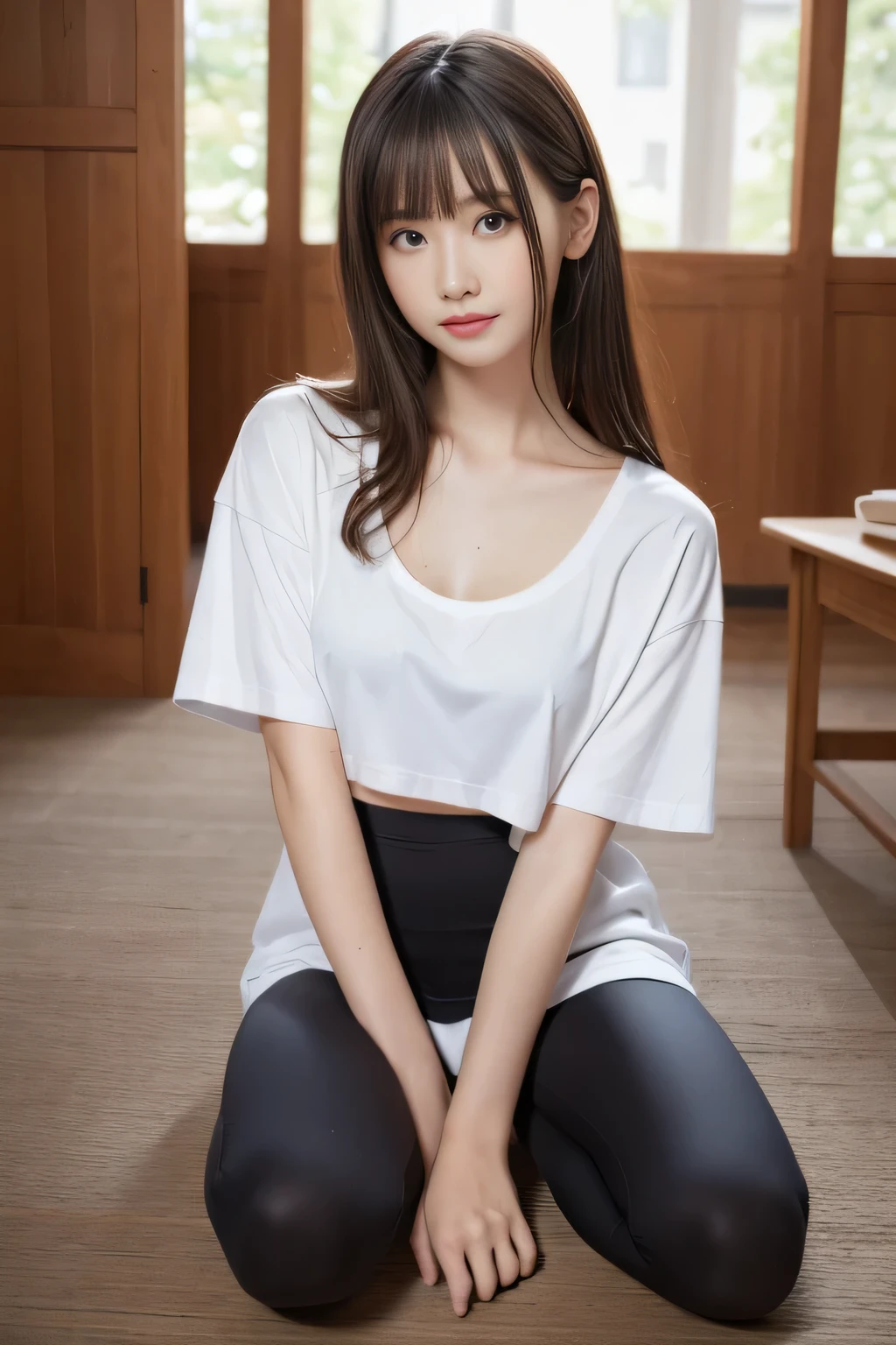 ((最high qualityの)), ((pieces fly)), (high quality: 1.3), 最high qualityの, pieces fly, purple eyes、shining eyes、(big breasts), white t-shirt, crop top, yoga pants、shot from below, Please open your thighs wide., cross your arms behind your head