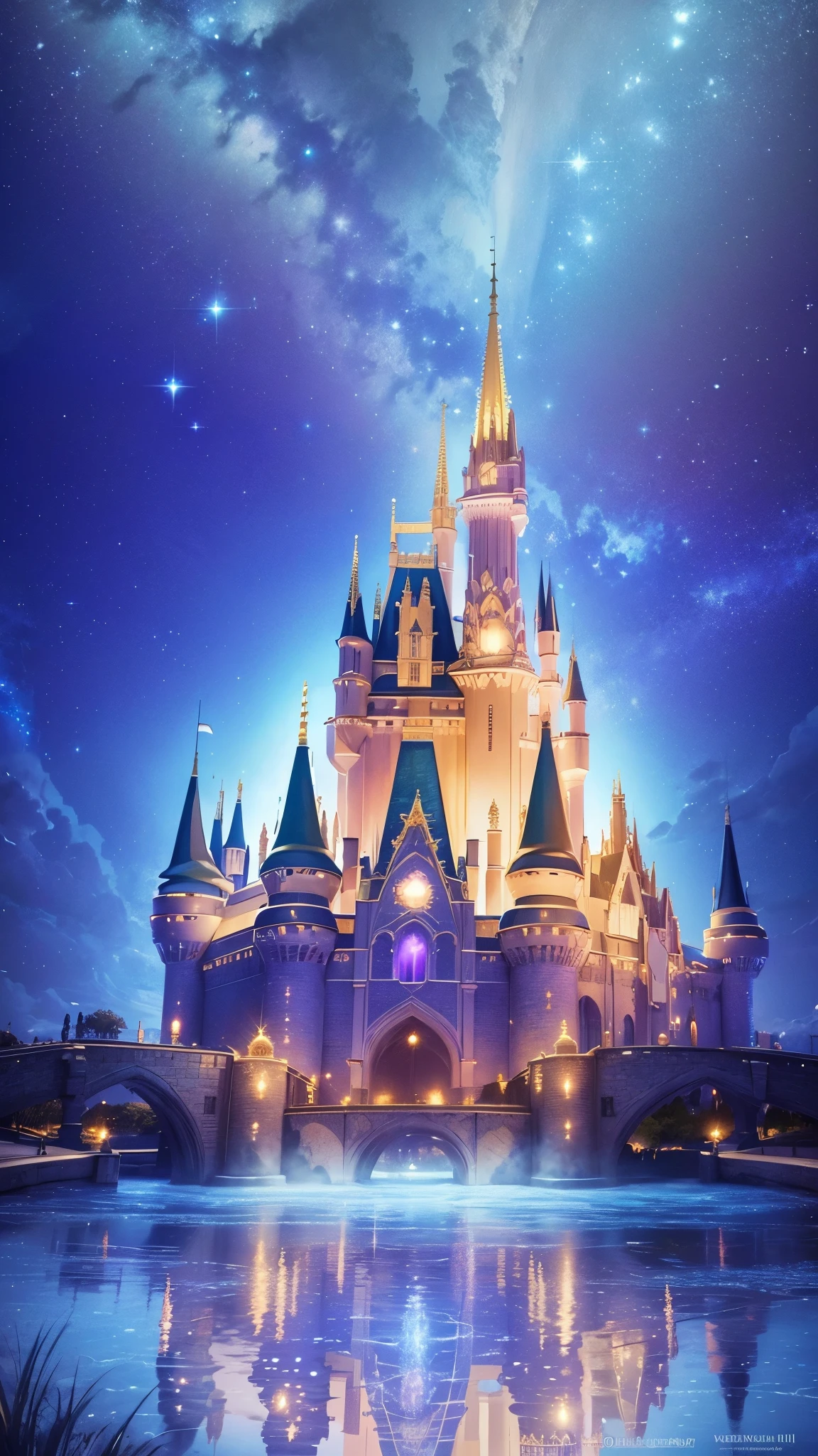 There is one Cinderella castle that is colorfully lit up against the beautiful night sky.、reflection on the water surface、Shining fantasy world view、Highly Detailed CG Unity 8K Wallpaper, (super masterpiece, It&#39;s photorealistic, hyper realistic)、