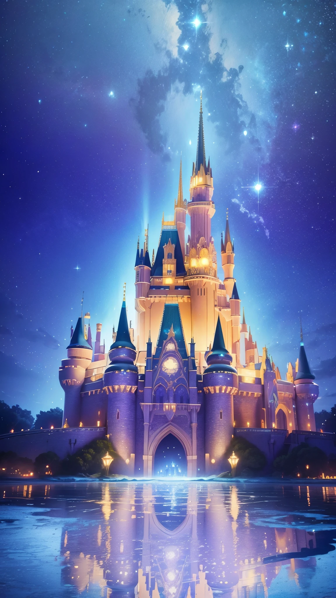 There is one Cinderella castle that is colorfully lit up against the beautiful night sky.、reflection on the water surface、Shining fantasy world view、Highly Detailed CG Unity 8K Wallpaper, (super masterpiece, It's photorealistic, hyper realistic)、