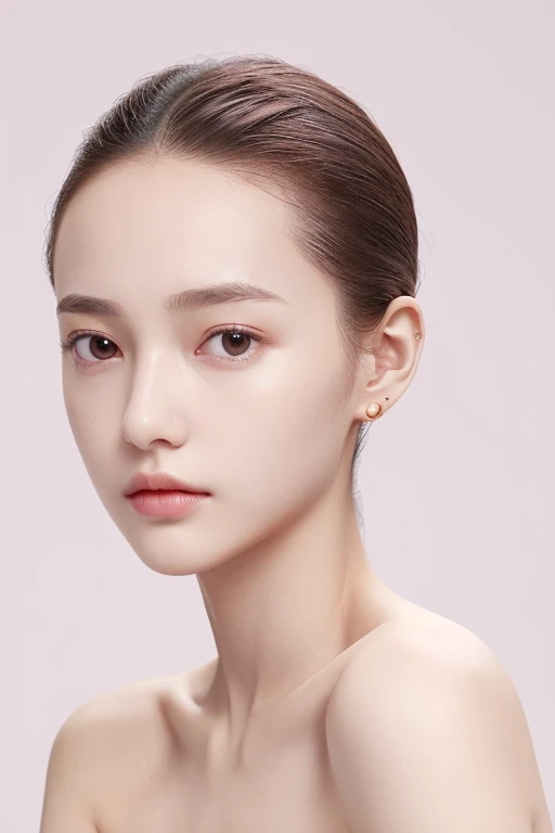 1 woman , beautiful woman,, 16 years old , ears are visible , sharp chin , big eyes , slender high nose , Fair skin , Hair color is pink , delicate body shape , displeased look , wide forehead , One person , thin eyebrows ,Hair all back,