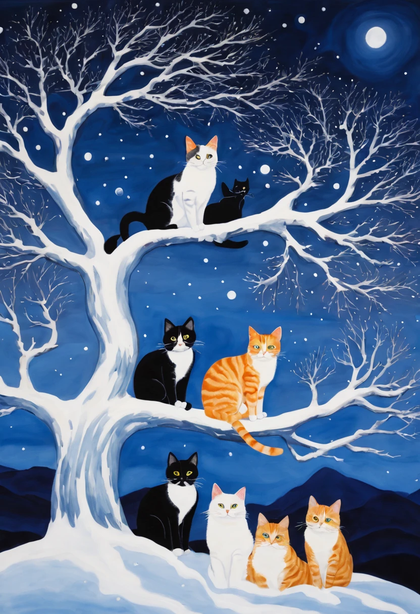 painting of a group of cats sitting on top of a snow covered tree, night starry sky full of cats, by Leiko Ikemura, cat cat dreamcats, cats cat dreamcats, by Chiho Aoshima, jen bartel, by Yuko Tatsushima, catscatscats, by Katerina Wilczynski
