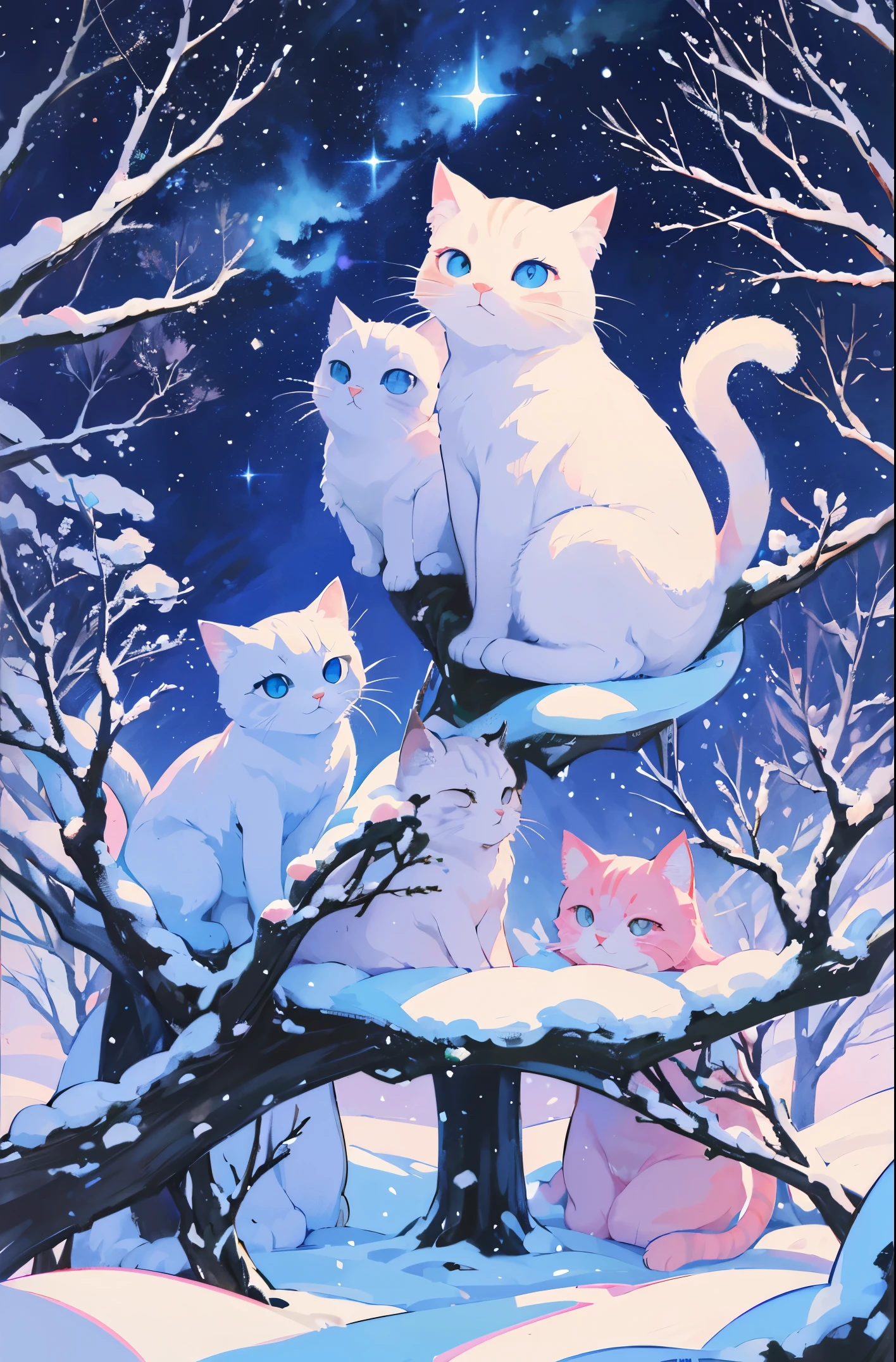 painting of a group of cats sitting on top of a snow covered tree, night starry sky full of cats, by Leiko Ikemura, cat cat dreamcats, cats cat dreamcats, by Chiho Aoshima, jen bartel, by Yuko Tatsushima, catscatscats, by Katerina Wilczynski