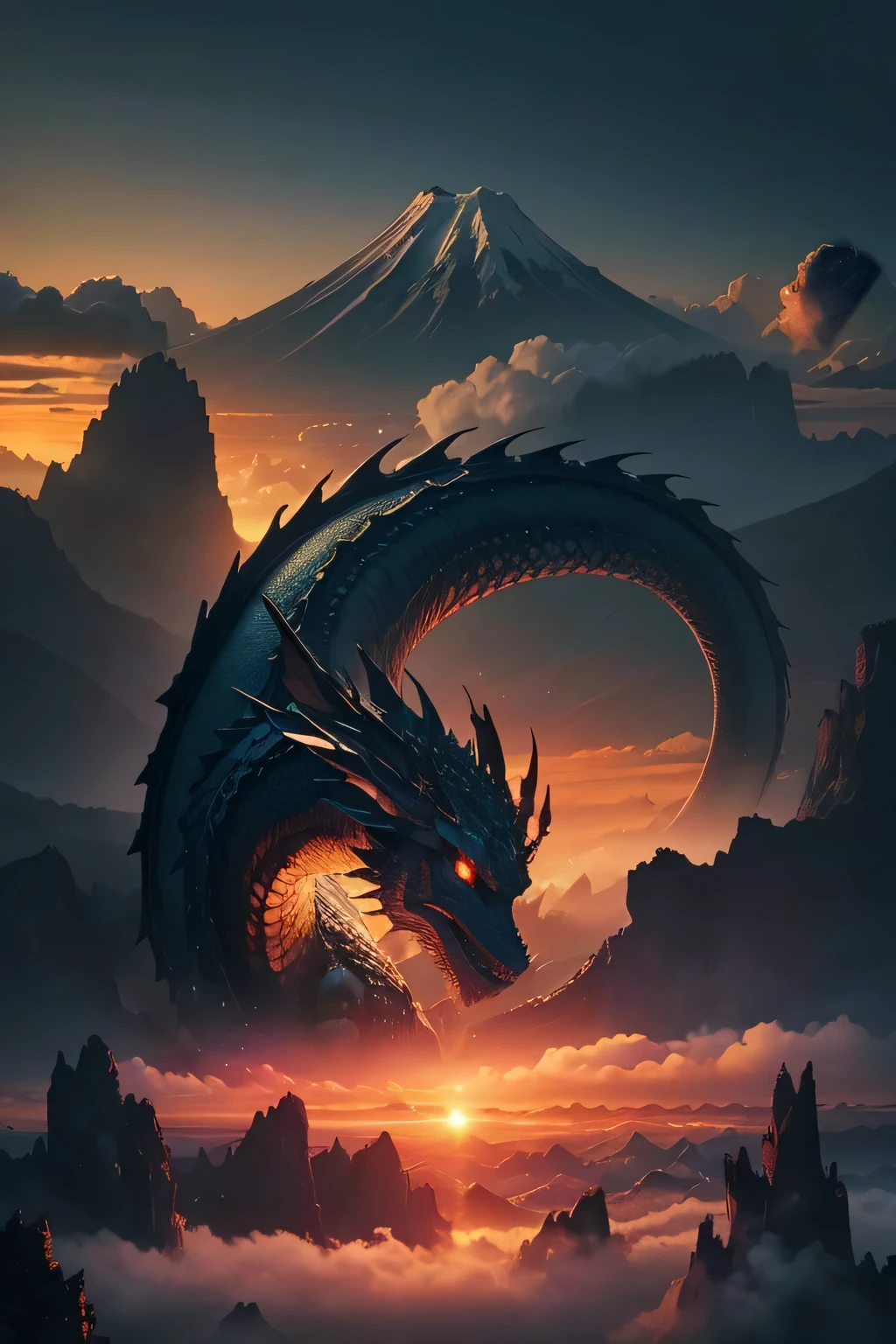 highest quality,4k,8K,High resolution,masterpiece：1.2,Super detailed,（genuine,フォトgenuine,Like a photograph：1.37),CG、unified wallpaper,excellent texture quality,（sense of space：1.1),（delicate shine：1.1),very detailed,exact details,Beautiful 8KCG wallpaper,genuine,detailed face,special lighting effects,Bright colors,Seamless integration of elements,自然でgenuine,meticulous attention to detail,Fuji Mountain, sunrise in the mountains, wonderful sunrise, above the clouds, The sun rises between two mountains,Fuji Mountain、first sunrise,緑のdragon,heavenly scenery,dragon,神dragon,above the clouds漂うdragon,日本風のdragonが飛ぶ、横向きのdragon,