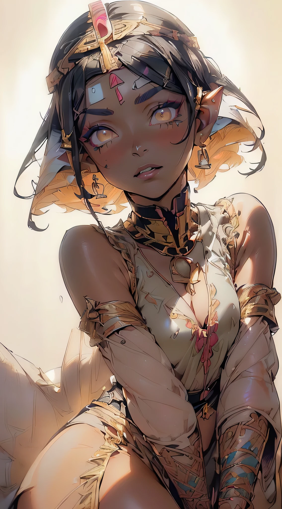 paya, cute elf,(((little loliy little body,little))),(((6 years ime elf loli with extremelye and beautiful brown hair)), (((elf))), (((elf ears))), (((from ancient Egypt,1girl,necklace,((((black race)))),(((tan,dark skin,black skin:1.35,dark-skinned_female,dark skin:1.3,ebony skin))), (large breasts:1.4),((((Medium hair, Bob haircut,((black straight hair)),bang:1.5,colored inner hair)))),(((golden_eyes:1.3))),intricate eyes,beautiful detailed eyes,symmetrical eyes,((((lustrous skin:1.5,tanned skin,bright skin: 1.5,skin tanned,shiny skin,very shiny skin,shiny body,Reflective skin)))),(spider lower abdomen,narrow waist,wide hip,athletic body,inflated legs,thick thighs,(detailed face)),beautiful detailed lips, cute,slutty,,seductive look,seductive,((erotic)),opulent,sumptuous,((nsfw)), cleopatra,(((Egyptian goddess))),,Egyptian mythology,expression of evil,Egyptian clothing,queen of the Egyptian,majesty,beauty body,,Egyptian style,perfect flesh full of texture,egyptian tiara:1.5,nemes:1.3,zettai ryouiki,revealing clothing,show skin,cleavage,((egyptian outfit)),((intricate egyptian outfit)),egyptian accessories,(egyptian jewelry in her arms),usekh collar,earrings,(((hair tubes))),(((eyeshadow,egyptian makeup,eyelid makeup))),(((pelvis curtain))),(((wet clothes,intricate outfit,embroidered outfit,ornate outfit,intricate cloth,embroidered cloth,ornate cloth))), (flirtatious pose:1.3), looking at viewer,embarrassed,centered,scale to fit dimensions,Rule of thirds, (Glossy Egyptian ornaments),(top-quality,8K,32K,masterpiece),high resolution,(Photorealistic:1.4),Ray tracing,Sun glare,depth of fields,By backlight effect,Add depth to your screen,(((vibrant colors,vibrant theme))),(intricate),(high contrast,photorealistic artwork:1.37),(best quality,4k,highres,masterpiece:1.2),ultra-detailed,(realistic,photorealistic,photo-realistic:1.37),professional,