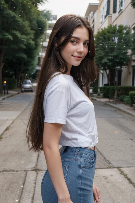 Ultra realistic, portrait photo, brunette girl, long hair, 20 years old, outside in a neighborhood, standing on the sidewalk, wearing high waisted blue jeans, and a white t-shirt, 5 foot 9 inches in height, hands behind her back, looking directly at the camera with a smile.