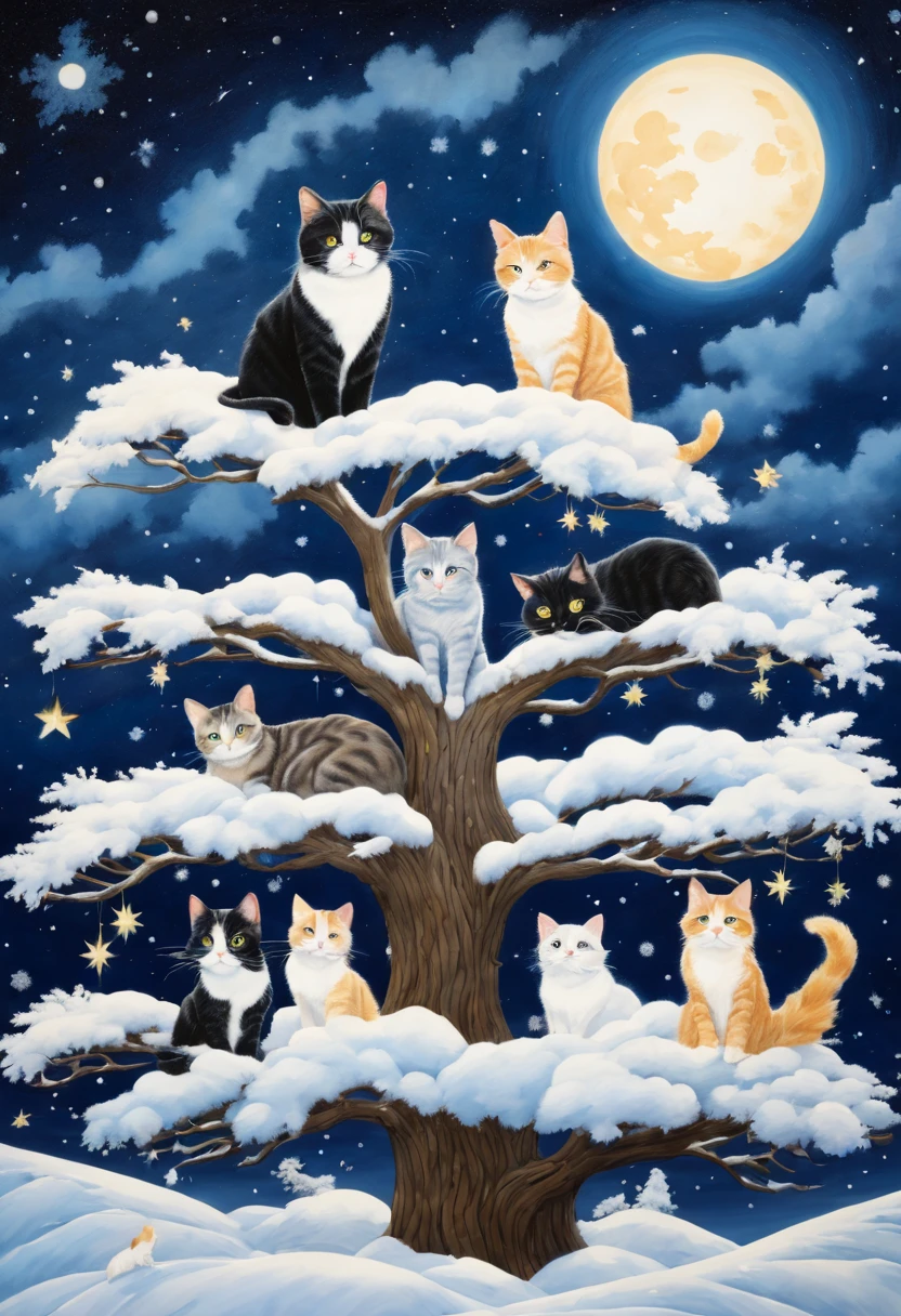 painting of a group of cats sitting on top of a snow covered tree, night starry sky full of cats, by Leiko Ikemura, cat cat dreamcats, cats cat dreamcats, by Chiho Aoshima, jen bartel, by Yuko Tatsushima, catscatscats, by Katerina Wilczynski