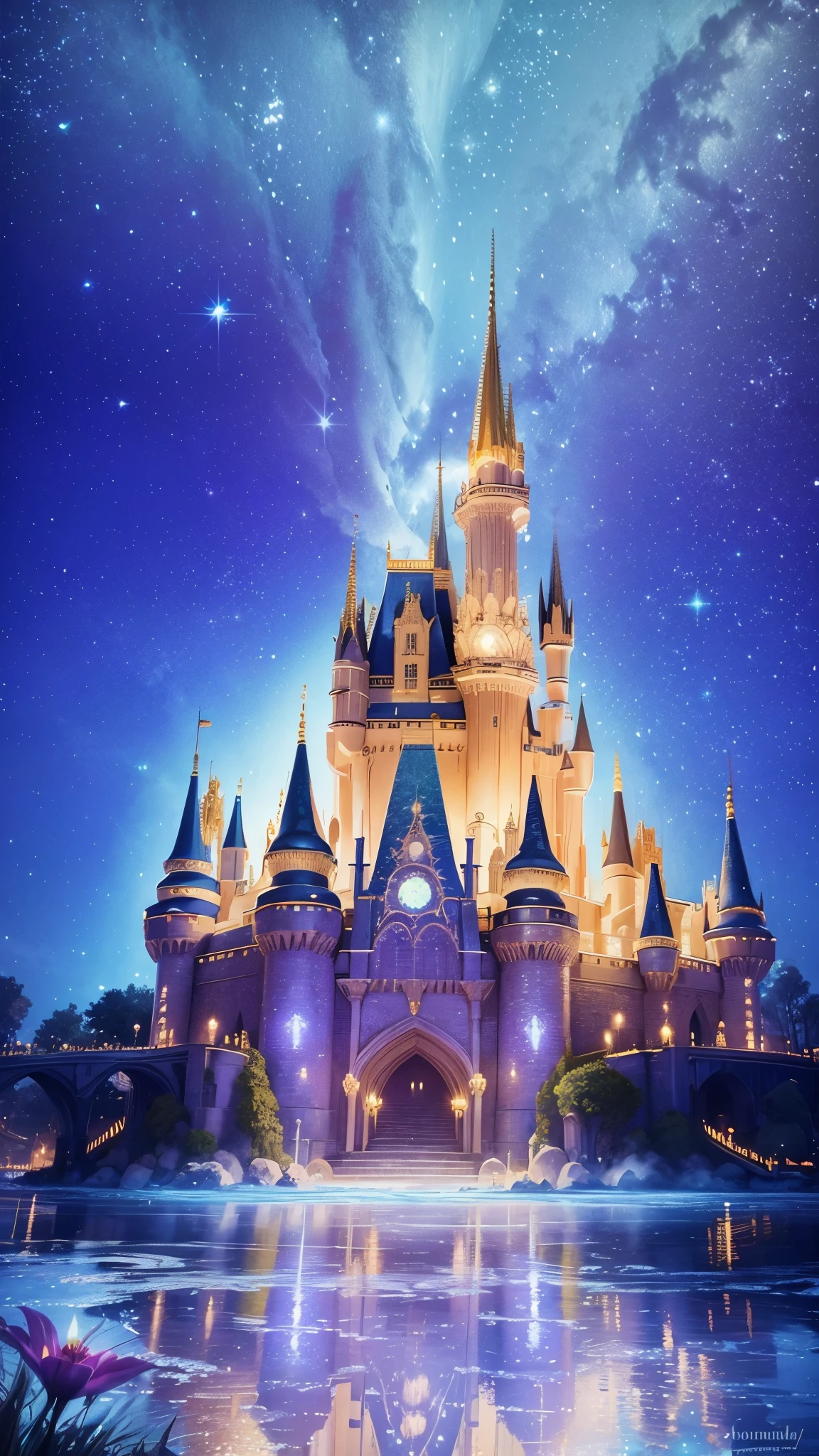 There is one Cinderella castle that is colorfully lit up against the beautiful night sky.、reflection on the water surface、Shining fantasy world view、Highly Detailed CG Unity 8K Wallpaper, (super masterpiece, It&#39;s photorealistic, hyper realistic)、