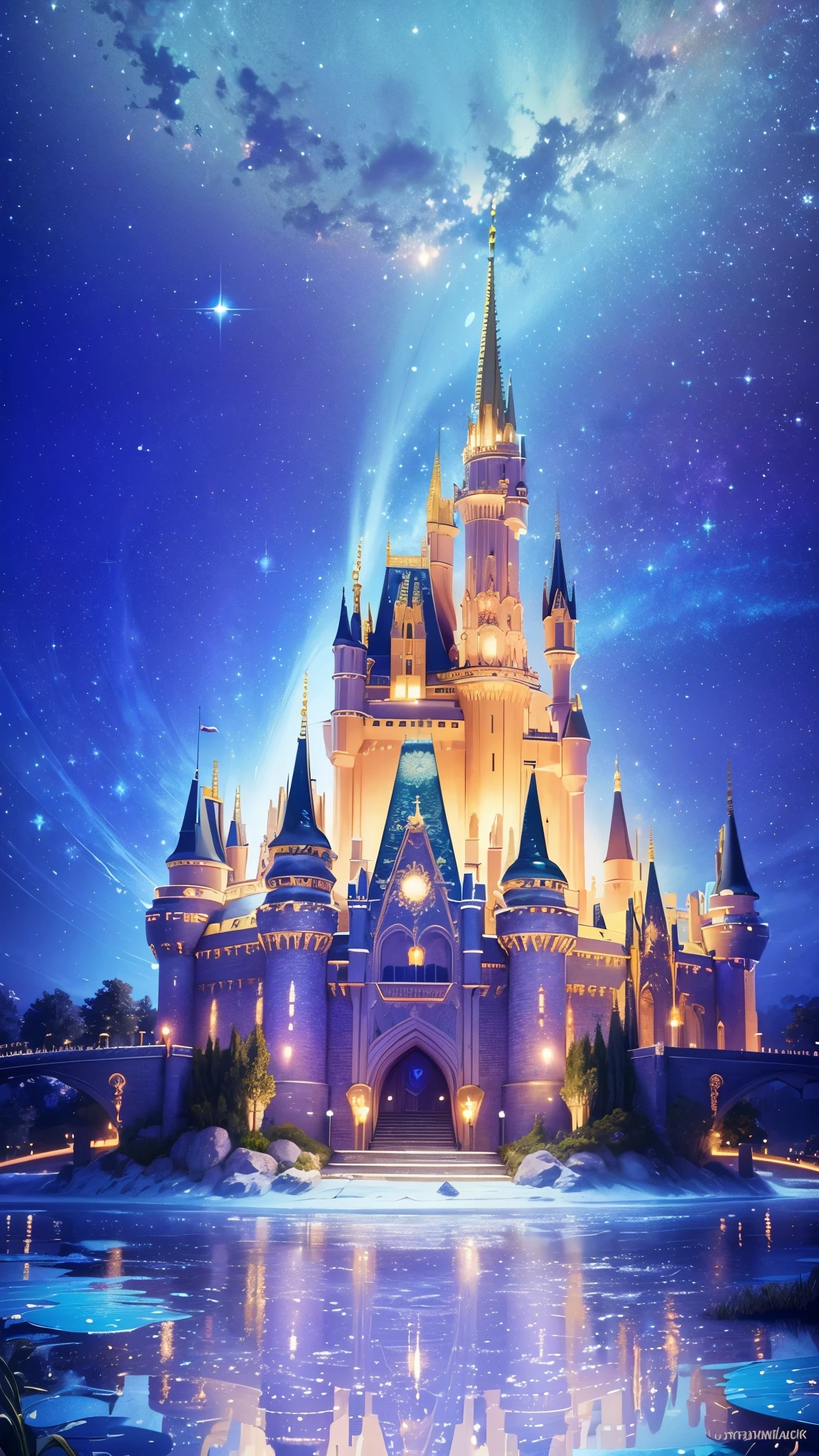 There is one Cinderella castle that is colorfully lit up against the beautiful night sky.、reflection on the water surface、Shining fantasy world view、Highly Detailed CG Unity 8K Wallpaper, (super masterpiece, It&#39;s photorealistic, hyper realistic)、