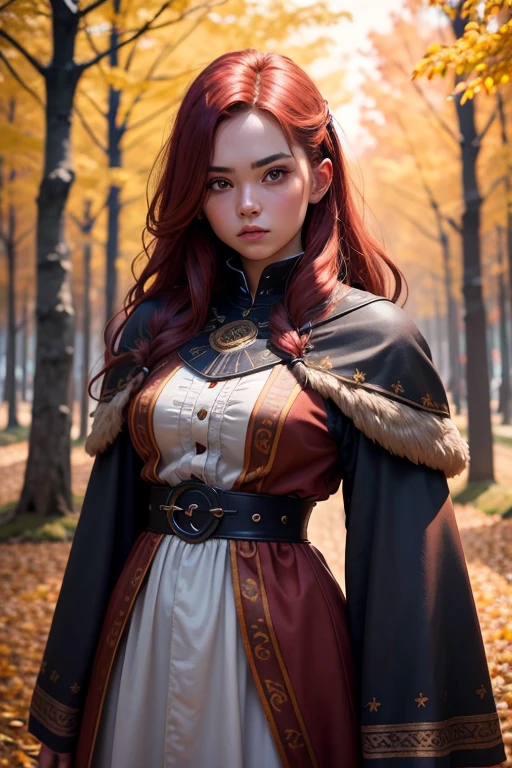 [Retrato de cuerpo entero] [Nordic fashion model aged 18-23] [cabello color rojo] [vestido como un estilo vikingo de guerreroored expression on face] [Forest and autumn landscape] [type of illumination: natural  lighting], extremadamente realista, 8k, detalles locos, detalles intrincados, bellamente graduado de color, Color Grading, Cinematographer editorial, Cinematographer, bokeh, tomada con una lente de 60 mm, ISO 300, f / 4, 1/200th