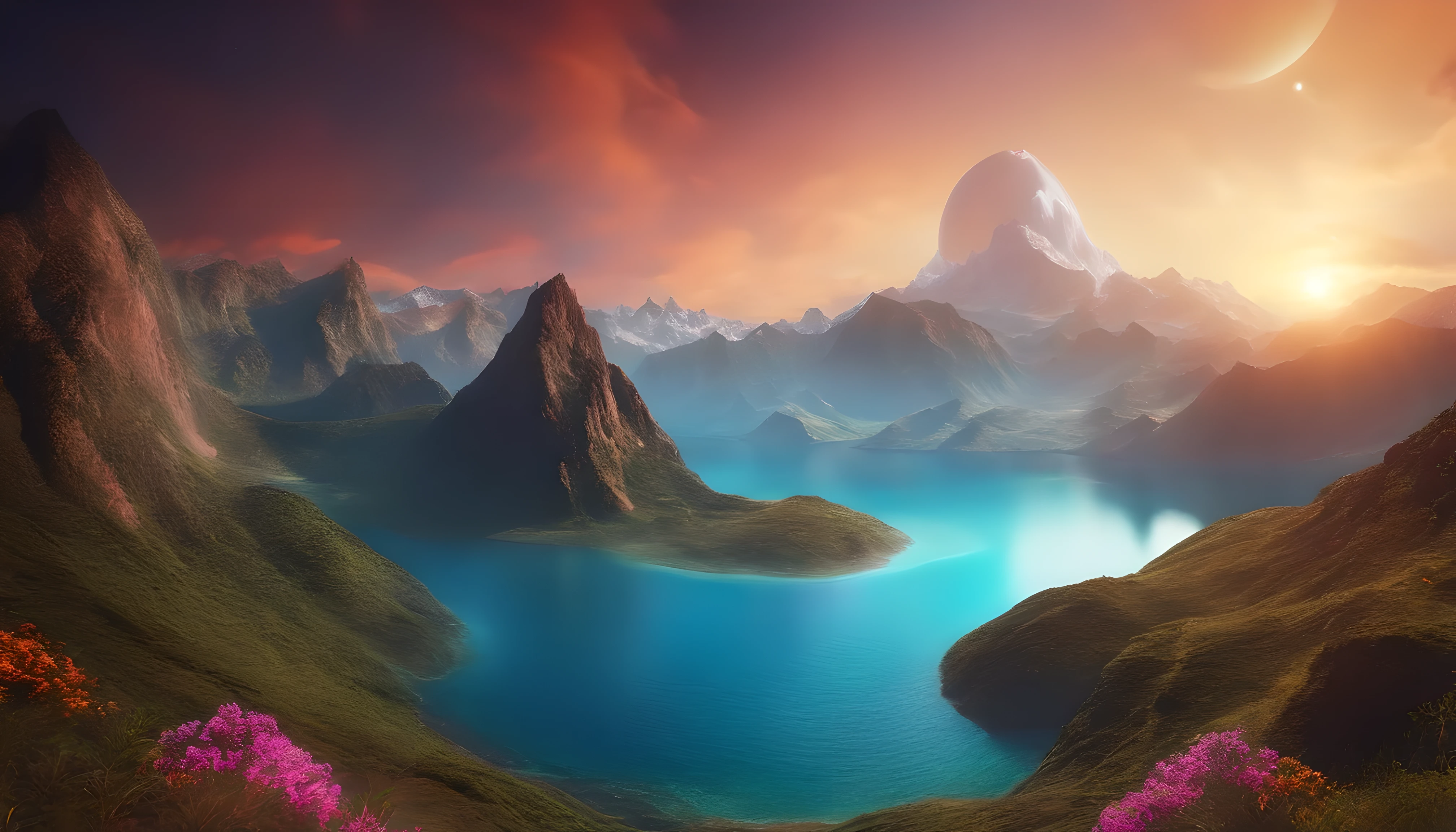 somewhere in space. a mountain surrounded by ocean. Mysterious water planet floating in the mountains. Light and colorful. Everything is cosmic. 3D.