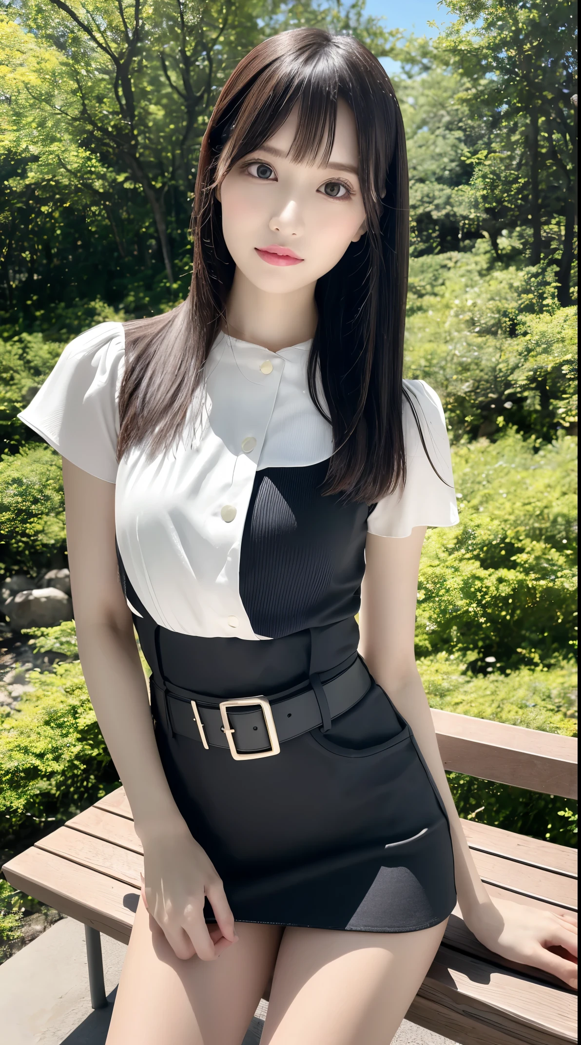 (Best Quality, masutepiece, Ultra HD: 1.3,High brightness, High color saturation), 1girl in, （middlebreasts）, light brown hair, Asymmetrical hair, straight haired, Long hair, （ slender body shape, Constricted waist）, （Ultra Fine Face）, Delicate lipeautidful eyes）, thin blush, eyes are brown, perfect glossy skin, View here, （ hide one's hands）, （Sitting on a bench）, （thin and long legs, Thighs and toes:1.5), See-through white blouse, White tight skirt, （White pumps）, (a japanese girl, hposing Gravure Idol), Broad-leaved forest, NIKON, 135 mm, F/16