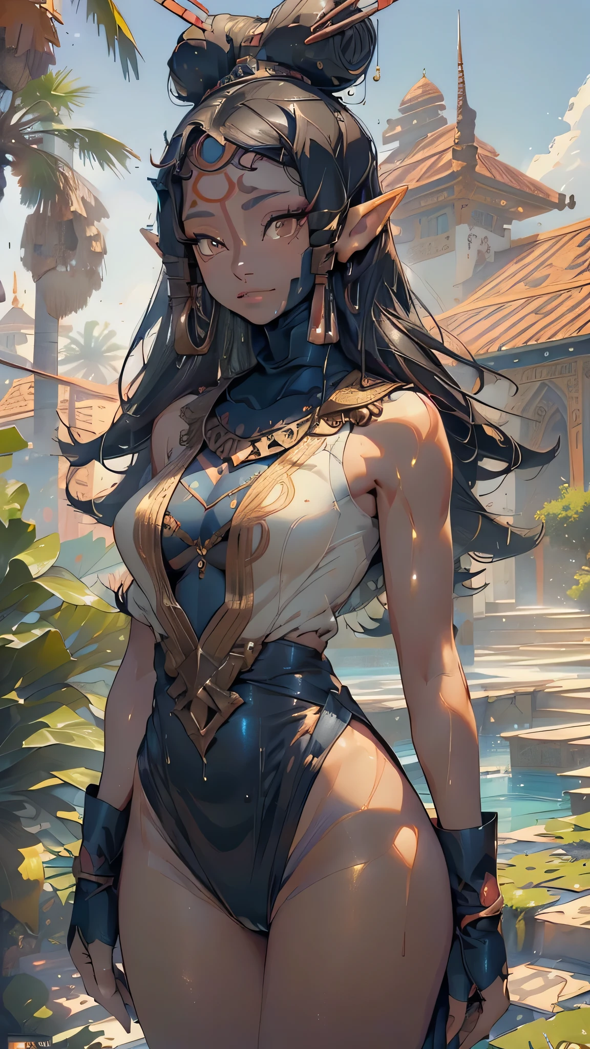 cute loli elf,(((little loli,tiny little body,little))),(((6 ))),((anime elf loli with extremely cute and beautiful brown hair)), (((elf))), (((elf ears))), paya, arabian girl,1girl,((((black race)))), (large breasts:1.4),((((black hair,colored inner hair)))),(((brown_eyes:1.3))),intricate eyes,beautiful detailed eyes,symmetrical eyes,((((tan,dark skin,black skin:1.35,dark-skinned_female,dark skin:1.3,ebony skin,lustrous skin:1.5,bright skin: 1.5,shiny skin,very shiny skin,shiny body)))),,(spider lower abdomen,narrow waist,wide hip,athletic body,inflated legs,thick thighs,(detailed face)),beautiful detailed lips, cute,slutty,,seductive look,seductive,((erotic)),opulent,sumptuous,((nsfw)), (hijab:1.5),arabic style headdress, egyptian light clothes,((arabian warrior:1.5),Gold embroidery and jewelry),arabian accessories,(arabian jewelry in her arms),earrings,(((eyeshadow,arabian makeup,eyelid makeup))),(((blue clothes,blue outfit,wet clothes,intricate outfit,embroidered outfit,ornate outfit,intricate cloth,embroidered cloth,ornate cloth))), (dynamic pose:1.3), looking at viewer,embarrassed,centered,scale to fit dimensions,Rule of thirds, outdoors,(egyptian palace,egyptian palace background,pyramids in the background),scenery,(oasis,oasis background),extremely scenery,(puddles everywhere,moss,moss on the background),clouds,Egypt style,Egypt castle,lily pads,palms,reeds,(sunset, golden hour), (Glossy Egyptian ornaments),(top-quality,8K,32K,​masterpiece),high resolution,(Photorealistic:1.4),Ray tracing,Sun glare,depth of fields,By backlight effect,Add depth to your screen,(((vibrant colors,vibrant theme))),(intricate),(high contrast,photorealistic artwork:1.37),(best quality,4k,highres,masterpiece:1.2),ultra-detailed,(realistic,photorealistic,photo-realistic:1.37),professional,