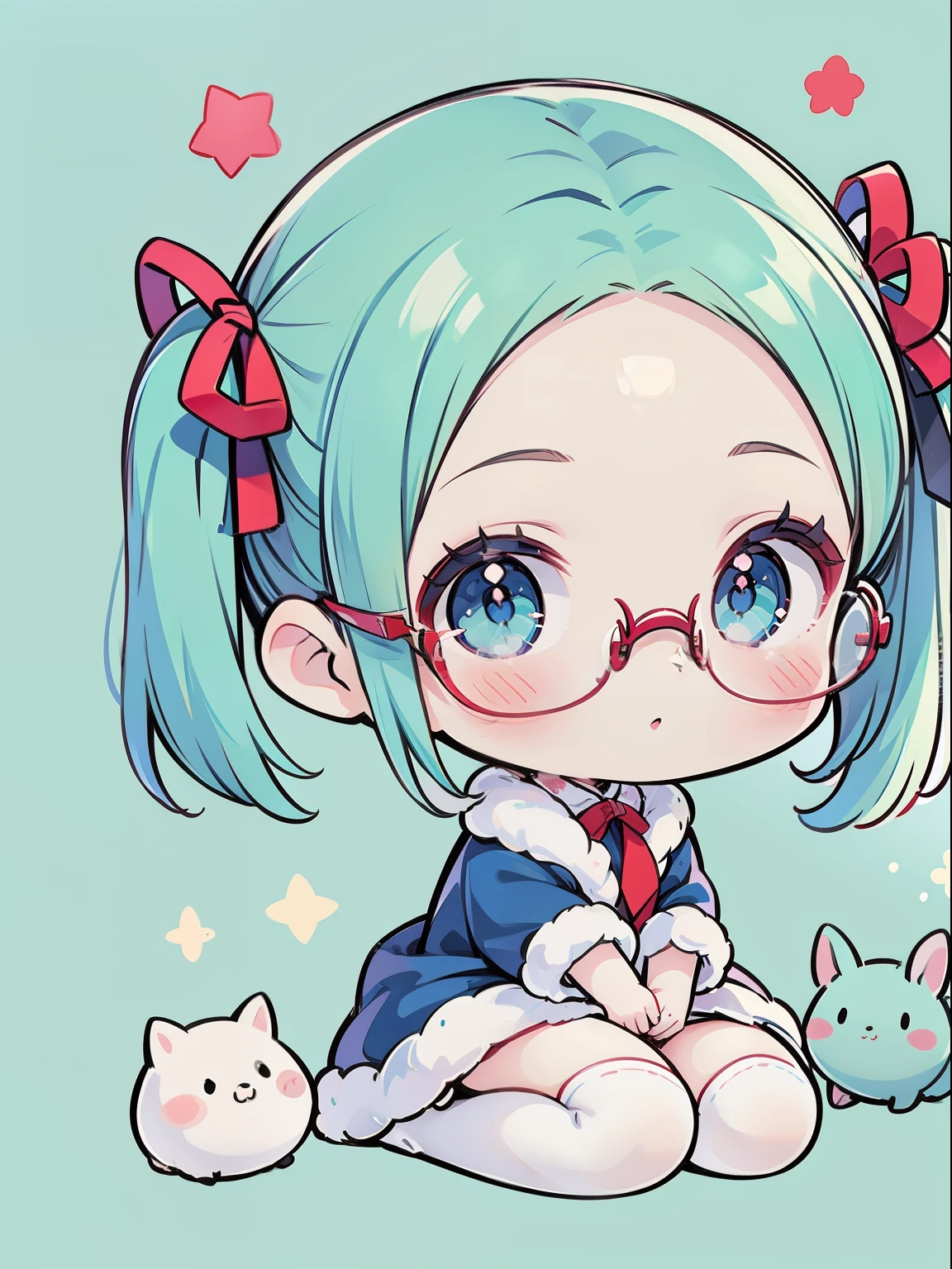 Chibichara ***********, smiles, (Very small breasts), (deep blue eyes), (Pale green hair, Short hair, forehead, Small pigtails), (red-half-rimed glasses),Chibi Chara, winter costume with fluff, Warm, fur, Ribboned, knit sweater-in-chest open dress, ribbon tie, Zettai-ryoiki, colorful tights, fur boots, full body Esbian, ​masterpiece, Ultra Quality。