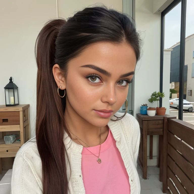 (obra maestra: 1.3), (8k, fotorrealista, foto RAW, mejor calidad: 1.4), (1girl) caucasian , Hermosa chica adolescente , adolescente europea , 15 years , brown light hair ,cabello largo: 1.pony tail, ojos azules , hermosos ojos detallados, (piel realista), piel hermosa , tiene un lunar , ultra-high-resolution, detallado, cuerpo delgado , brown haired girl with a ponytail and has a mole on her face, wears a striped sweater of 2 colors red and pink , jeans de color azul un poco remangados en los pies y zapatos negros , hermosa sonrisa , tienda de ropa , Exhibition