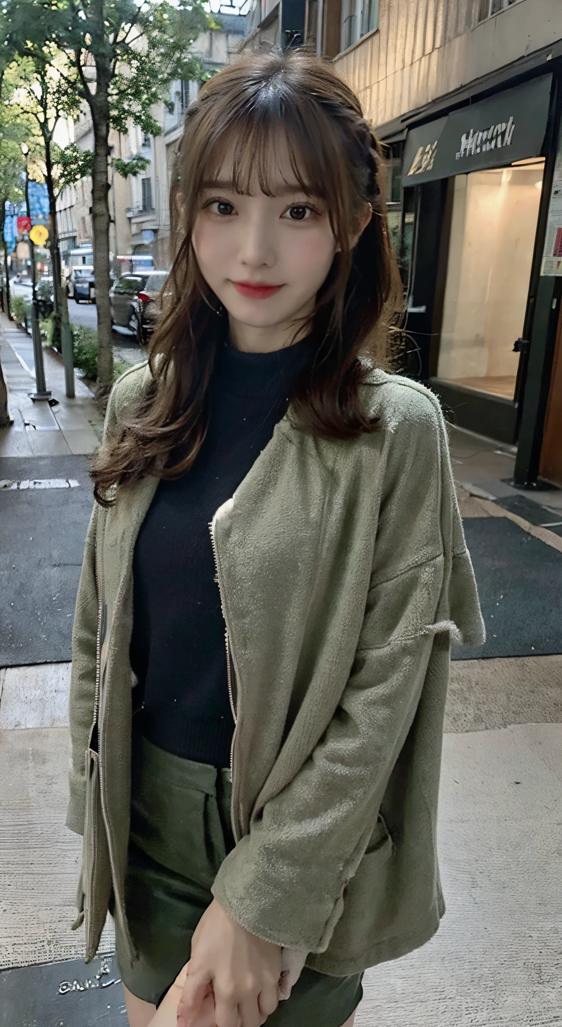(masterpiece:1.3), (8K, Live shooting, Highest image quality: 1.4), One Japan high school girl、(casual hairstyle:1.2)、(small breasts:1.3)、super detail face、eye for detail、double eyelid、sharp focus:1.2、cute woman:1.4、light brown hair、highest quality、ultra high resolution、(photorealistic:1.4)、Highly detailed and professional lighting、slender、thin thighs、A sloppy smile、((Walking the streets of Paris:1.1))、(black sweater、Wearing a moss green mod coat:1.3)、wearing black shorts、Wear short suede boots with brushed inside、