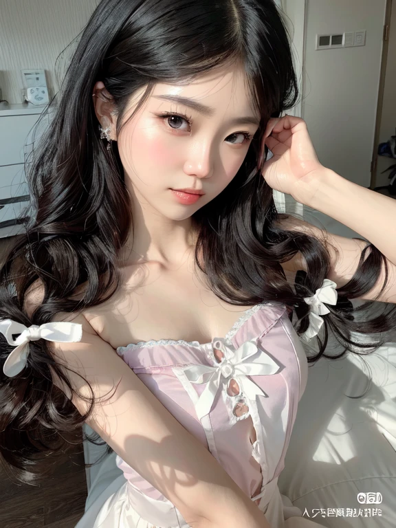 Araffe girl dressed in pink and white sitting on a bed, korean girl, with black pigtails, Sweet ultra-realistic bunny, Beautiful young Korean woman, beautiful dolphin, pigtails hairstyle, young and cute girl, Asian girl with long hair, wearing a pink hair bow, ulzzang, very beautiful cute catgirl, beautiful south korean woman