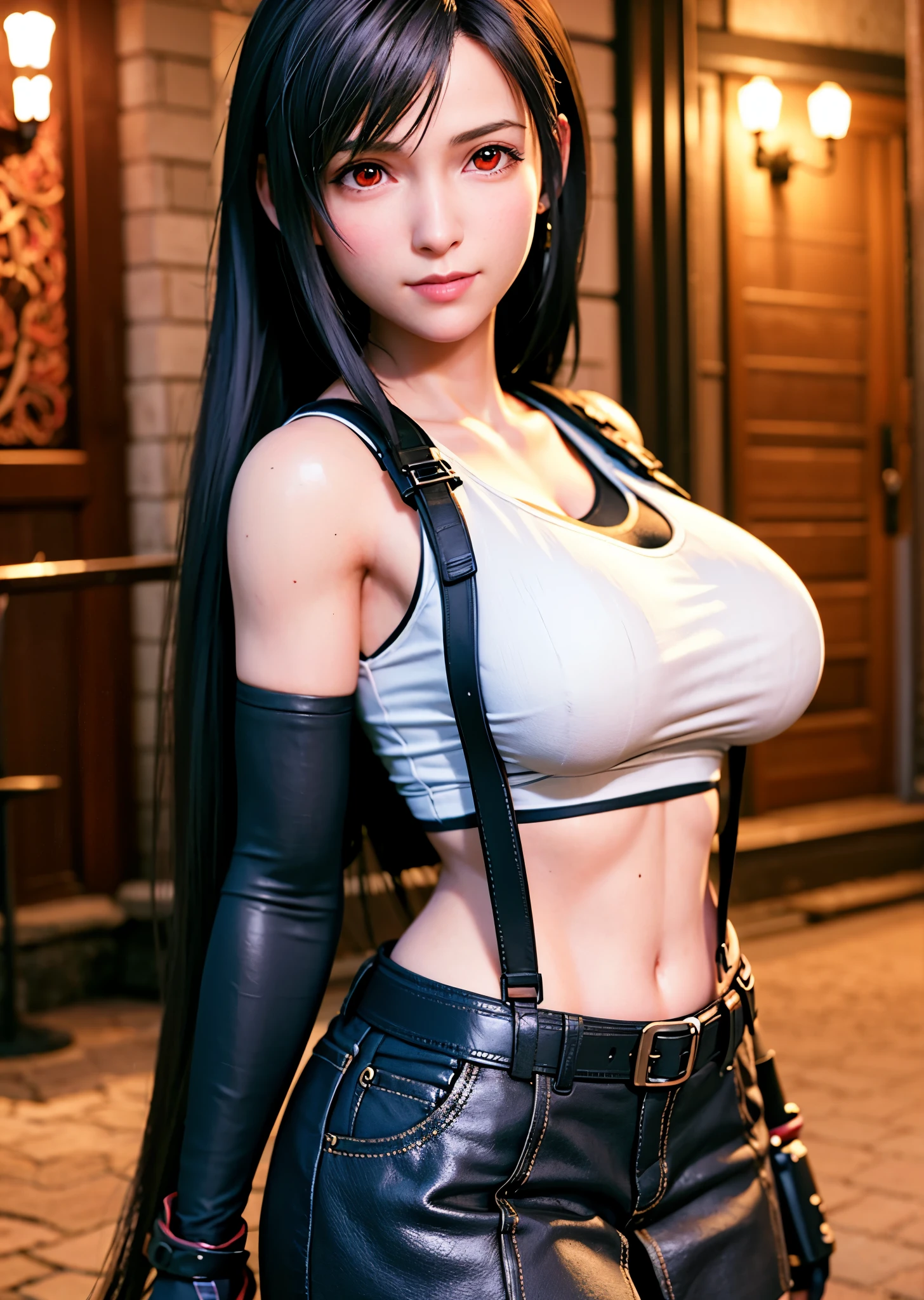 (, blush, 20yo, narrow eyes) (Photorealistic: 1.4), Solo, Top Quality, Very Delicate and Beautiful, High Definition, 1girl, tifa_lockhart, Smile, Cowboy Shot, Suspenders, Low Rise, Mini Skirt, Tank Top, Tense Shirt, Black Hair, Long Hair, Elbow Gloves, Beautiful Detailed Red Eyes, Face Light, Movie Lighting, Navel, ( gigantic breasts: 1.0), old bars, background blurred, fluttering hair,  beautiful woman