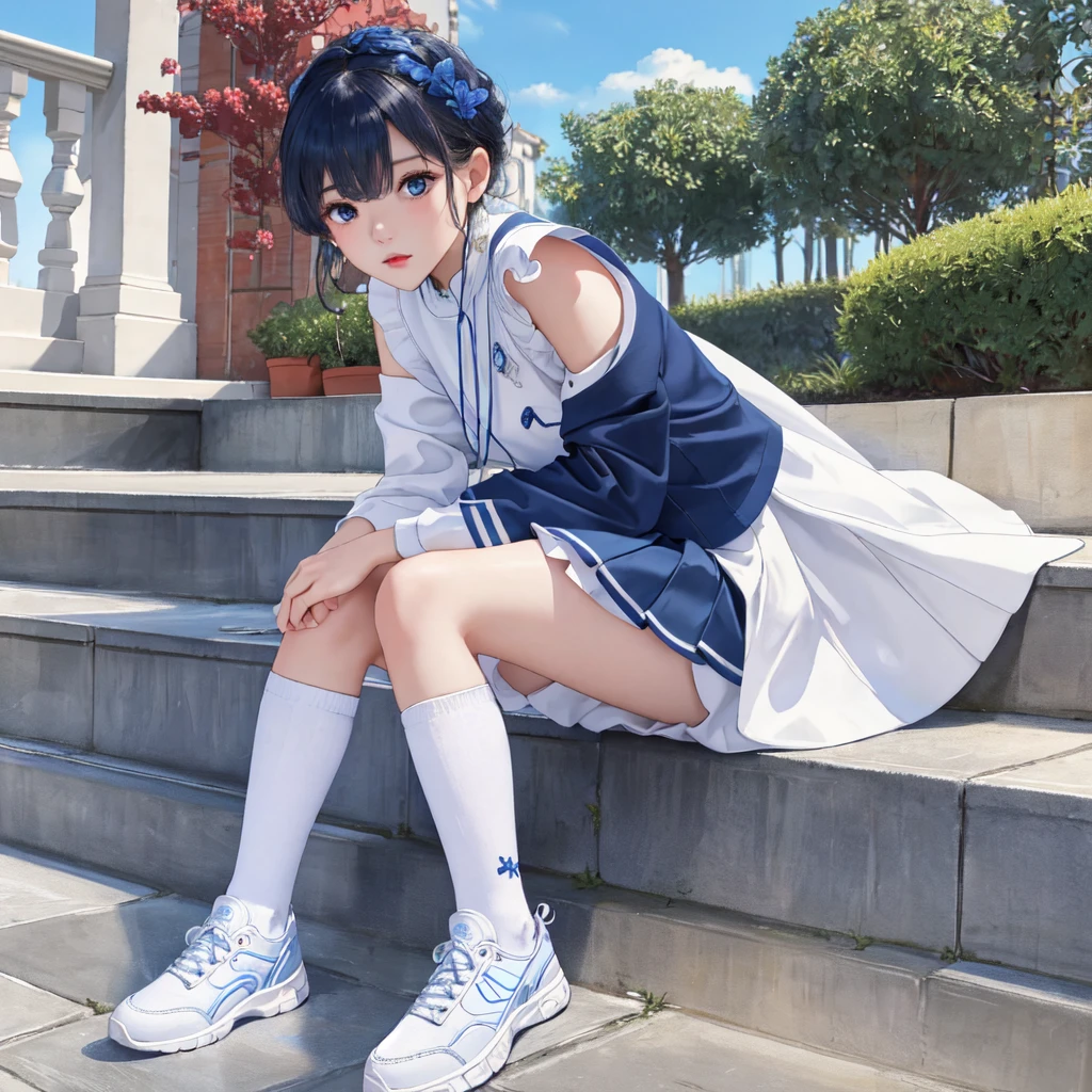 Chinese girl carrying flowers in a school uniform, cute face, short brown hair with a blue headband and blue skirt, medium chest blue shoes and white socks, back of the house and under water