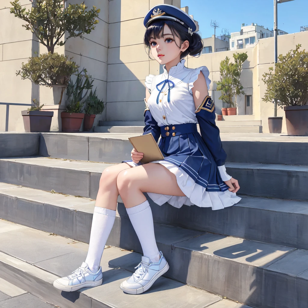 (masterpiece:1.4, highest quality), (intricate details), unity 8k wallpaper, Super detailed, beautiful and aesthetic、 girl, solo, shining eyes, white sneakers, uniform, navy blue mini skirt, knee socks, masterpiece, highest quality, real, Super detailed, blue sky, Sit on concrete stairs