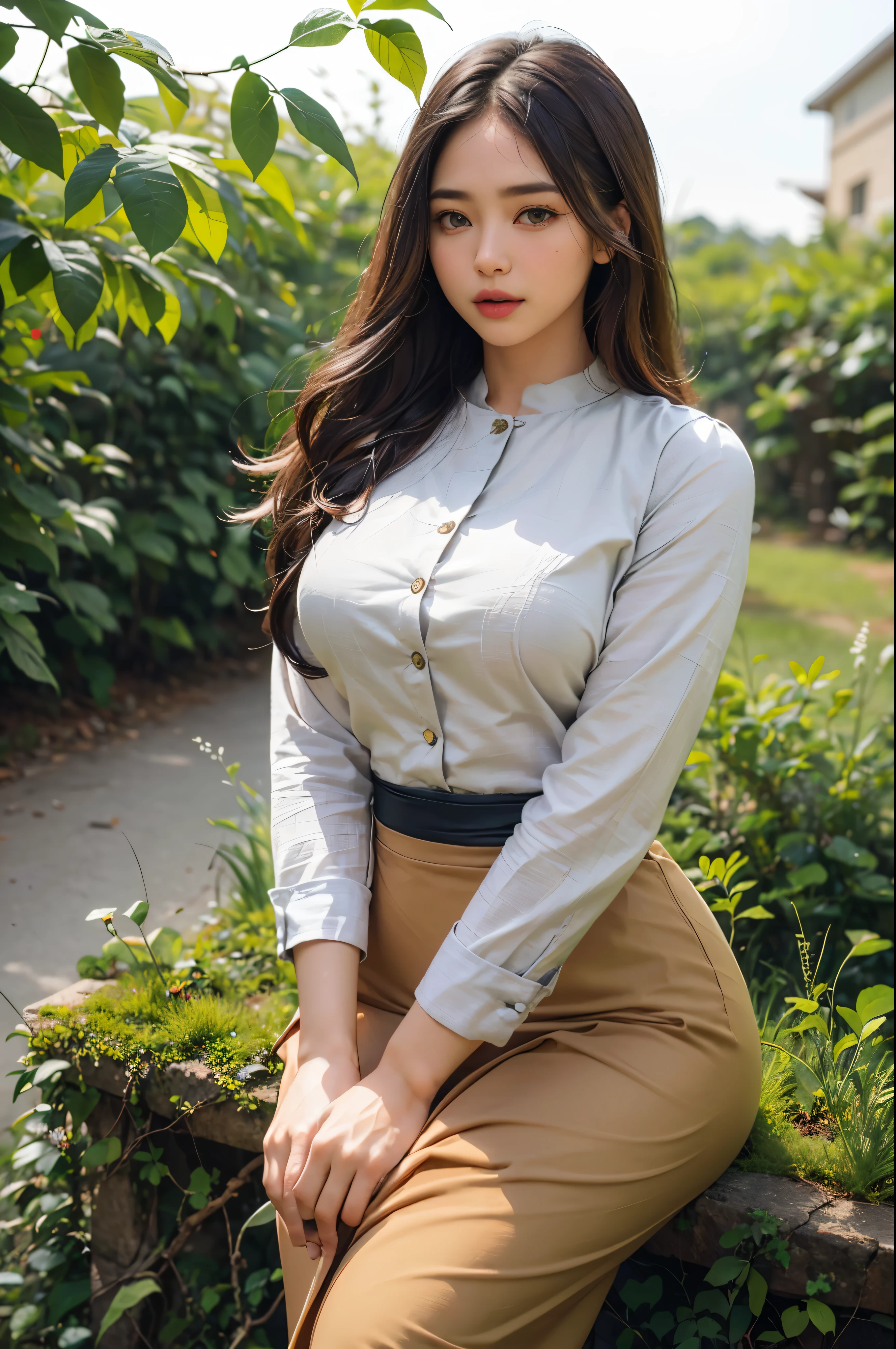 (best quality,4k,8k,highres,masterpiece:1.2),ultra-detailed,(realistic,photorealistic,photo-realistic:1.37), perfect lighting, vibrant colors, elegant pose, serene background, 1 girl, cmm top, olive green acmm top, long sleeves, wearing acmm long skirt, olive green acmm long skirt, printed skirt