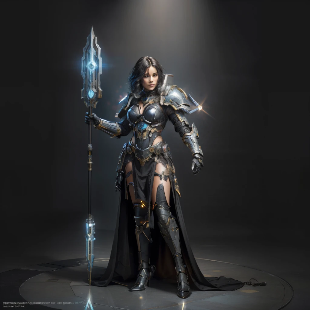 4k, fantasy art, photo realistic, dynamic lighting, Artistic Station, poster, volumetric lighting, very detailed faces, award winning, 1girl (black woman), deep shadow, nice shot, WH40K dress and armor, short hair, black hair, nice background, full body capture, Grimdark, Cyberpunk, Warhammer 40K, Dark Brown skin, holding a staff with Ra symbol, Gothic, sci-fi, metal floor, boobs futurist armor, long magician staff with Horus eye on top, flexible pipe go to the head to the neck