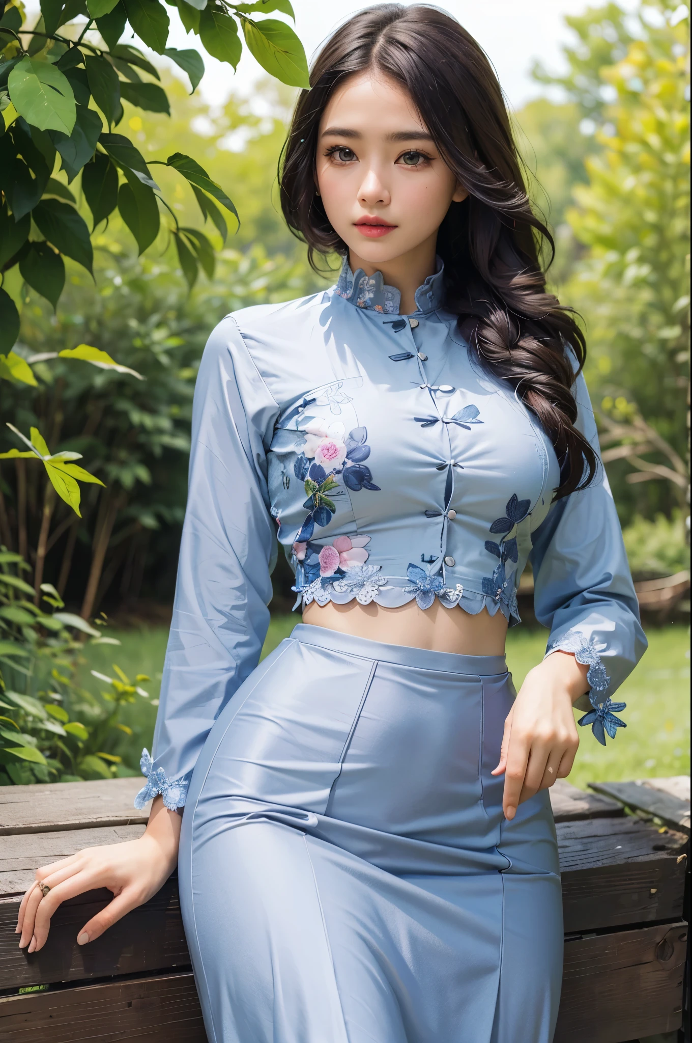 (best quality,4k,8k,highres,masterpiece:1.2),ultra-detailed,(realistic,photorealistic,photo-realistic:1.37), perfect lighting, vibrant colors, elegant pose, serene background, 1 girl, cmm top, blue acmm top, long sleeves, wearing acmm long skirt, blue acmm long skirt, printed skirt