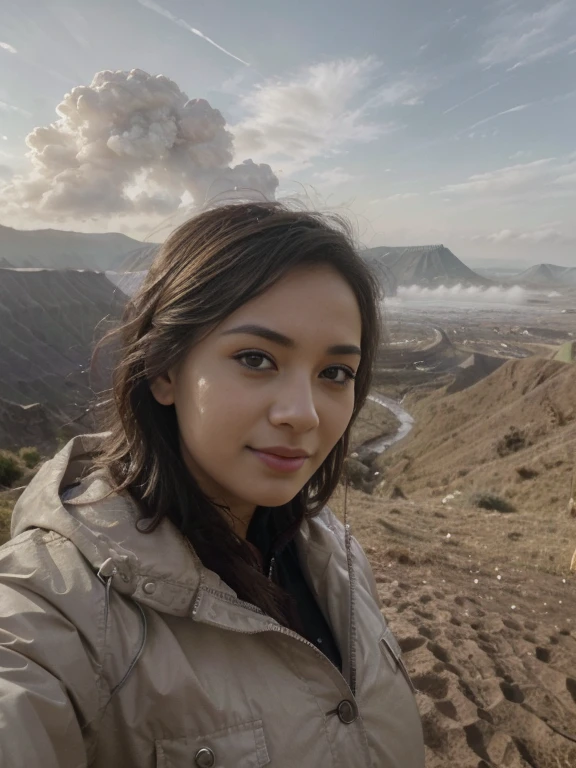 ((Top Quality, 8k, Masterpiece: 1.5)), indonesian Woman (1, 19 years old, smile, very detailed face and skin and hair texture, detailed blue eyes, double eyelids, white skin, beautiful delicate nose, parka wearing, exposed cleavage, large breast), overhead camera, sharp focus: 1.2, while emphasizing the subject's eyes, mouth, action The composition is pleasing to the eye and thought-provoking. ⠀
ground, outdoor, wonderful sunrise view at mount bromo, nature, cheerful, wind, happy, backpack, tent, bonfire, forest, river, foggy atmosphere, shadow, contrast, clear sky, grey background, (warm shades, warm tones), pleasant to the eye, while exuding melancholy emotions, characterized by a contrasting mix of calm tones and light and shadow, with dynamic angles, It is a thought-provoking composition.